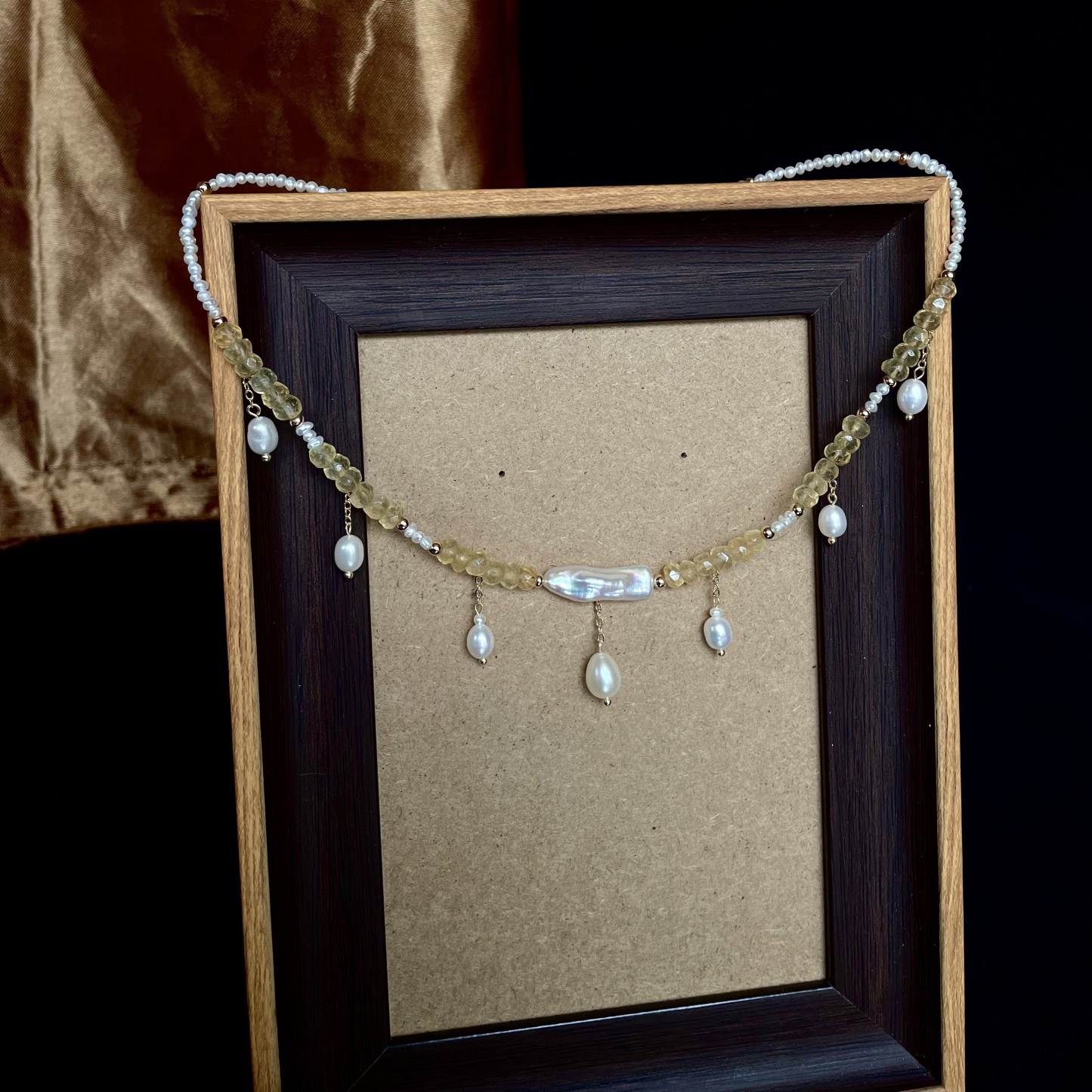 Handmade Dainty Pearl and Hand-Cut Citrine HEISHI Beads Necklace with Baroque Pearl Centre and Pearl Drops