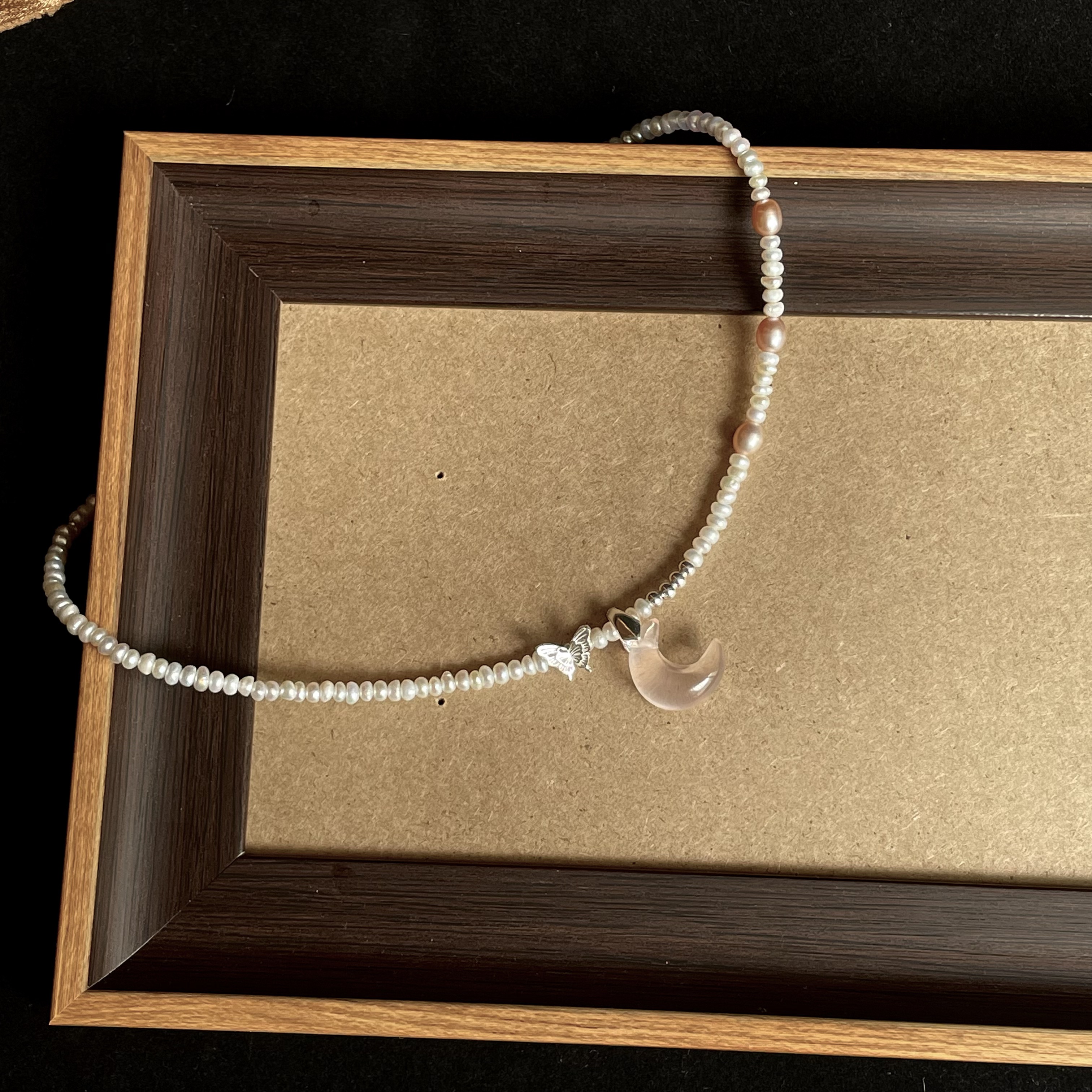 Handmade “Sweetheart” Pearls Short Necklace with Pink Rose Quartz Moon Pendant and Sterling Silver Butterfly