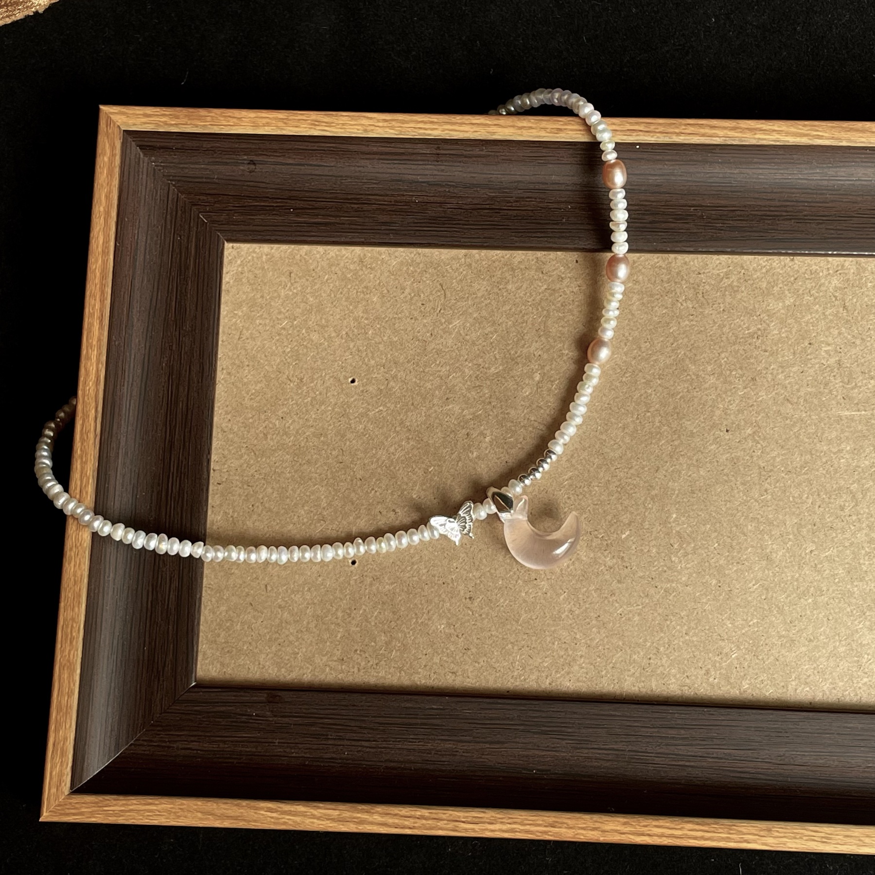Handmade “Sweetheart” Pearls Short Necklace with Pink Rose Quartz Moon Pendant and Sterling Silver Butterfly