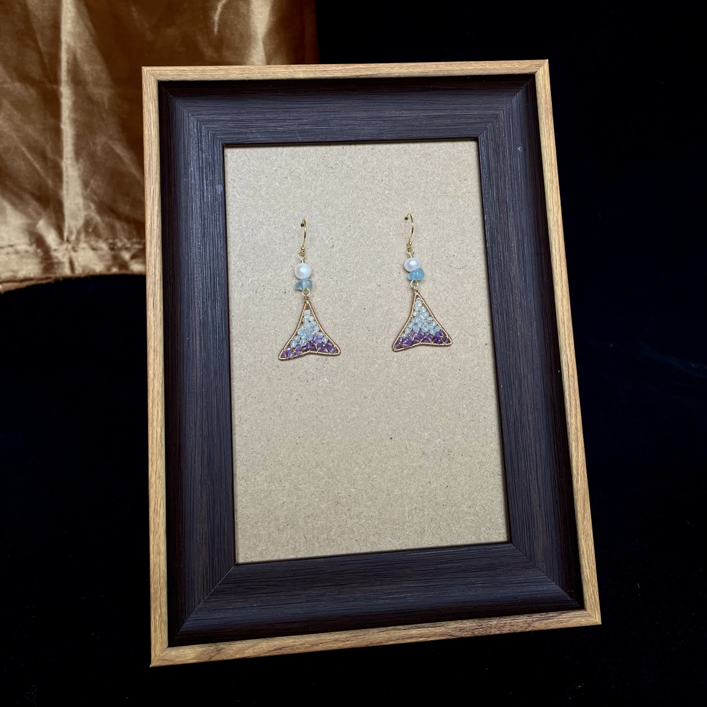 Mermaid’s Tail — Wire Wrapped Fishtail Earrings with Herkimer Diamond, Aquamarine and Amethyst