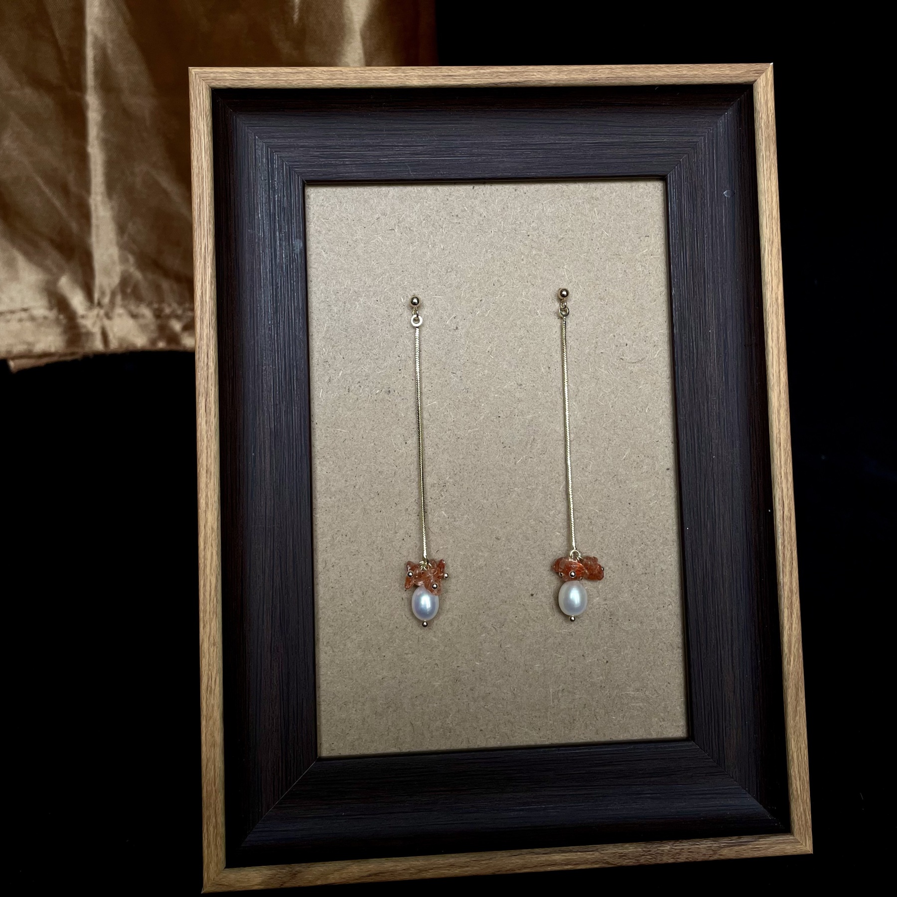 “Love Letter from the Sunset to the Sea” Handmade Gold Sunstone and Freshwater Pearl Long Earrings 
