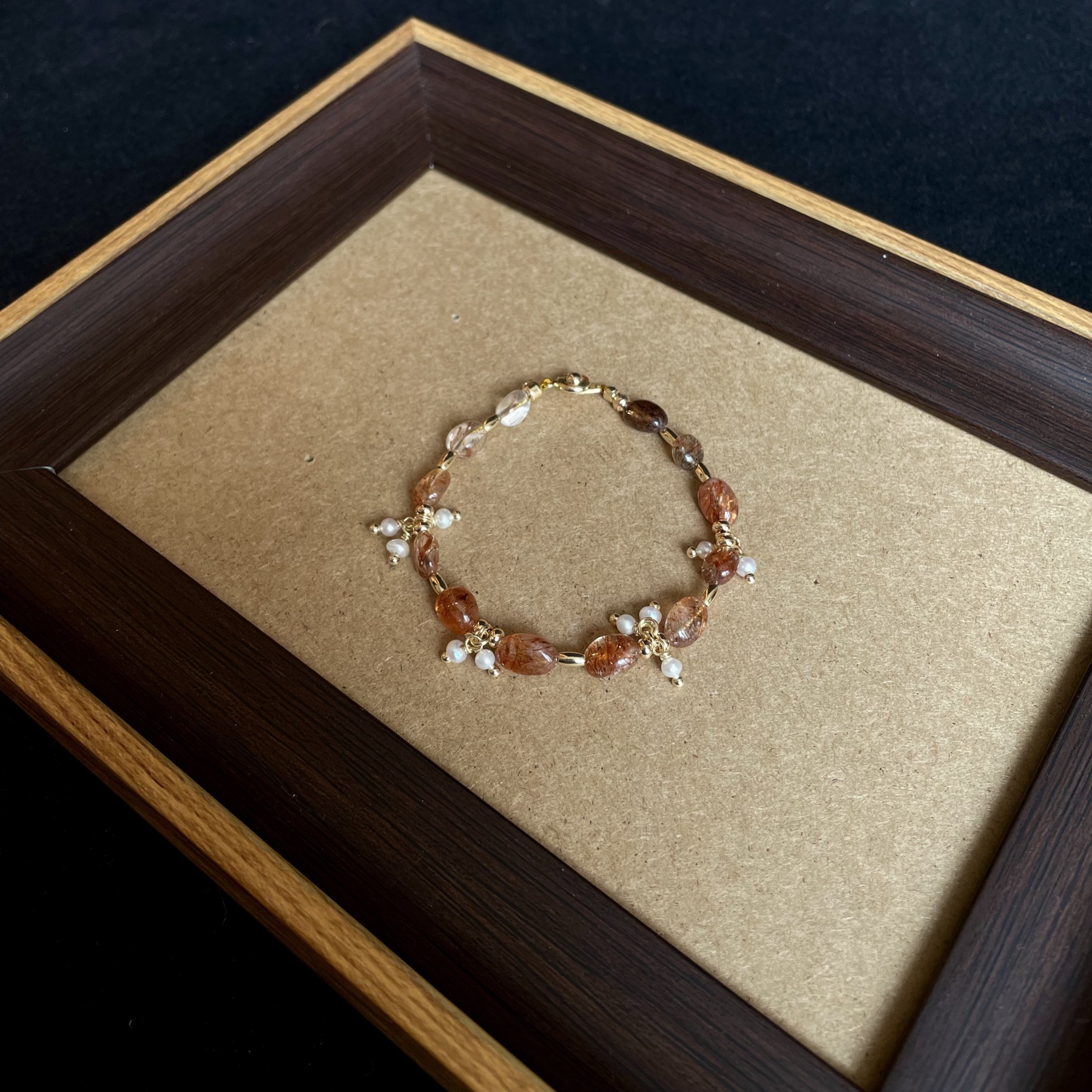 Golden Veins –Handmade Black Gold Super Seven Crystal and Freshwater Pearl Clusters Bracelet