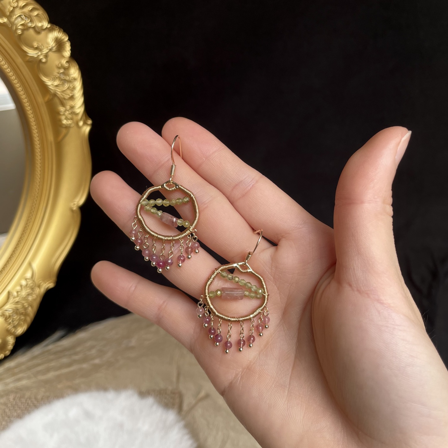 Handmade A Branch of Spring Peridot and Pink Tourmaline Wire Wrapped Earrings