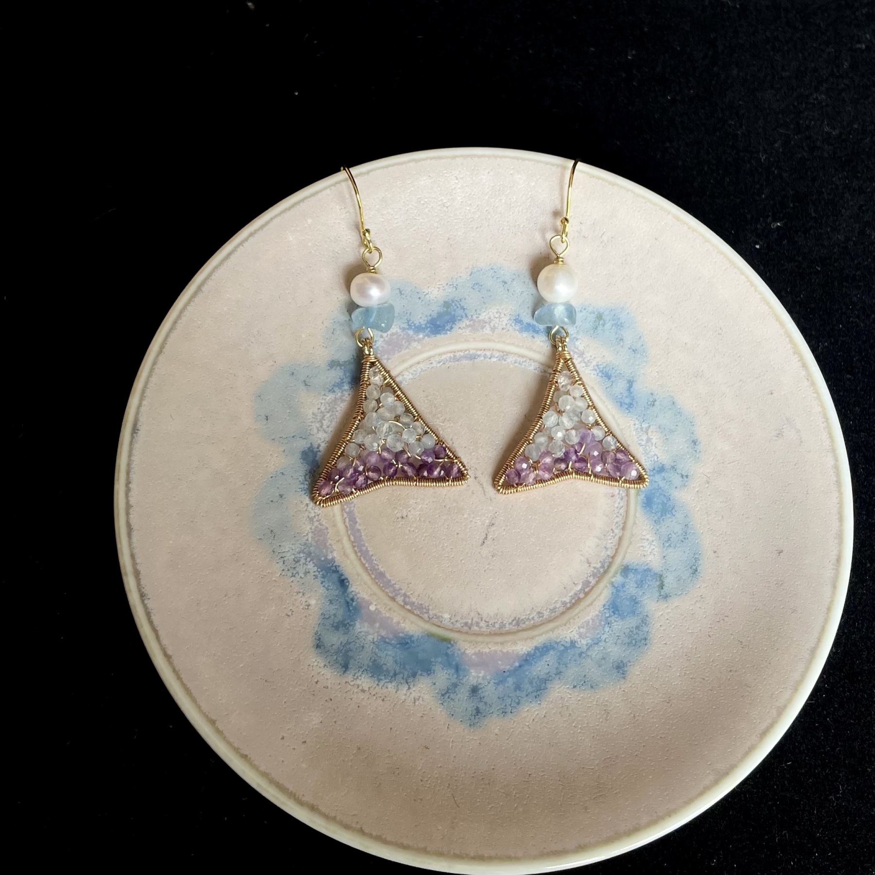 Mermaid’s Tail — Wire Wrapped Fishtail Earrings with Herkimer Diamond, Aquamarine and Amethyst