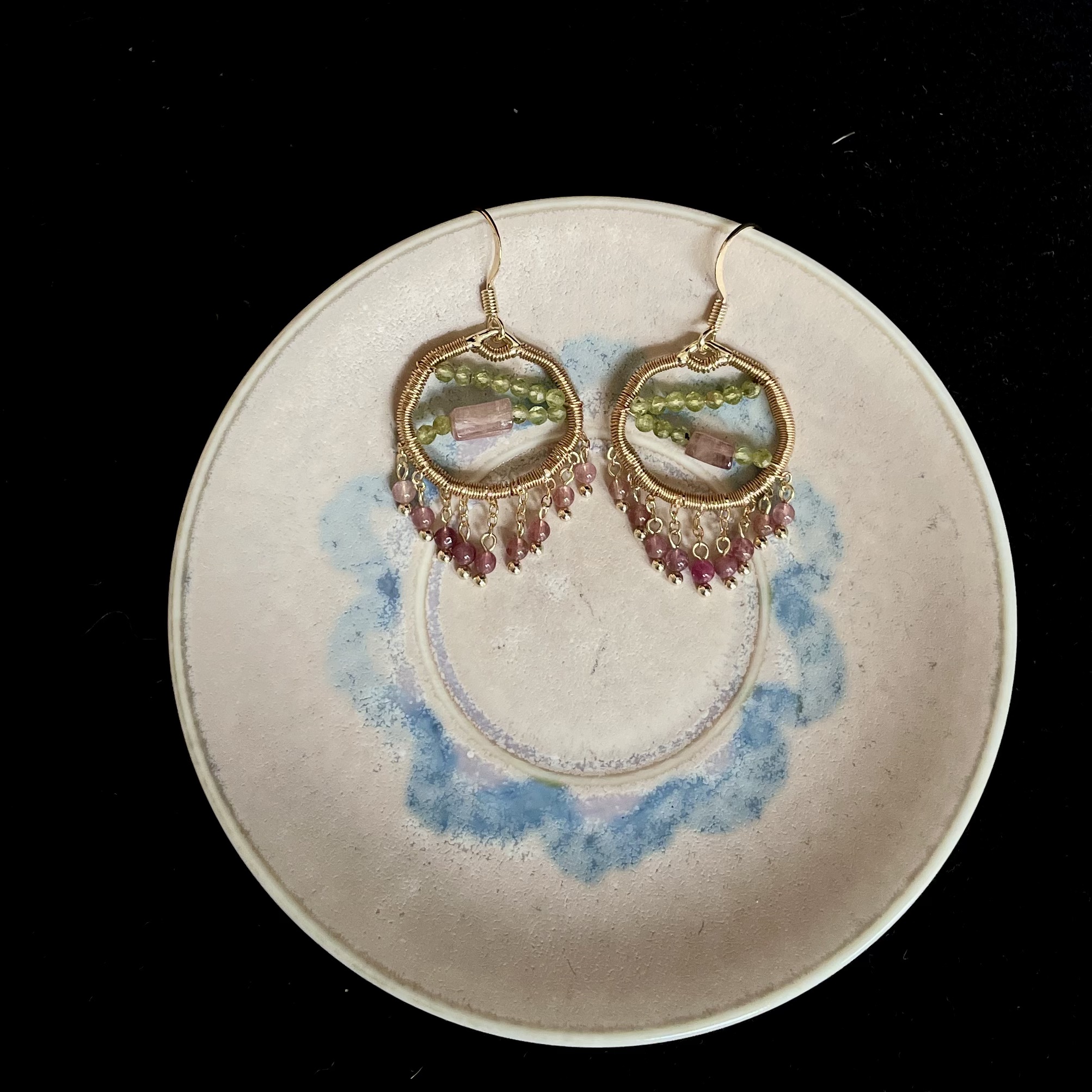 Handmade A Branch of Spring Peridot and Pink Tourmaline Wire Wrapped Earrings