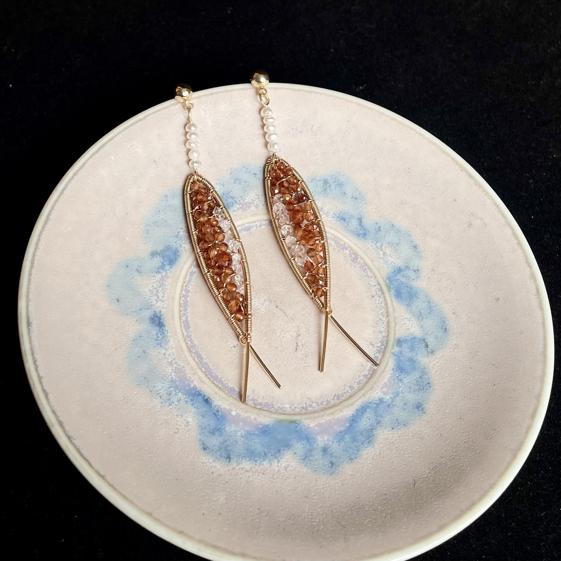 Symbol of Luck Koi Fish Earrings Wire Wrapped Hessonite Garnet and Herkimer Diamond