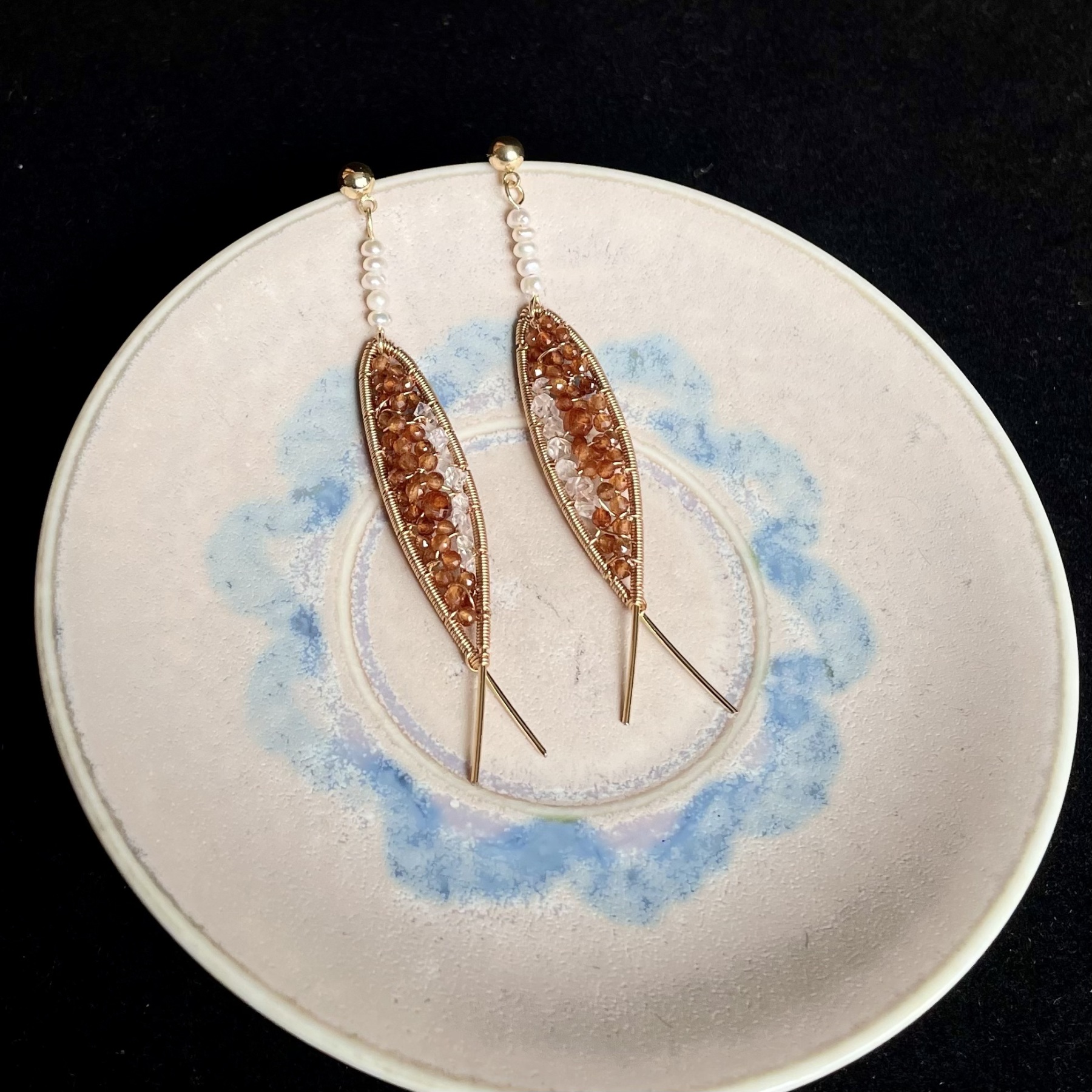 Symbol of Luck Koi Fish Earrings Wire Wrapped Hessonite Garnet and Herkimer Diamond