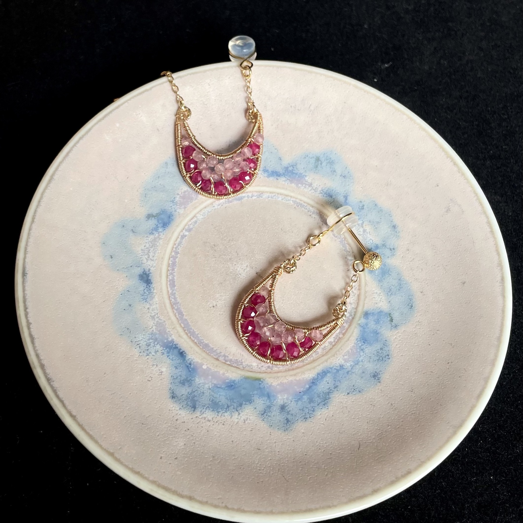 Handmade Rose Moon Ruby and Strawberry Quartz Wire Wrapped Earrings