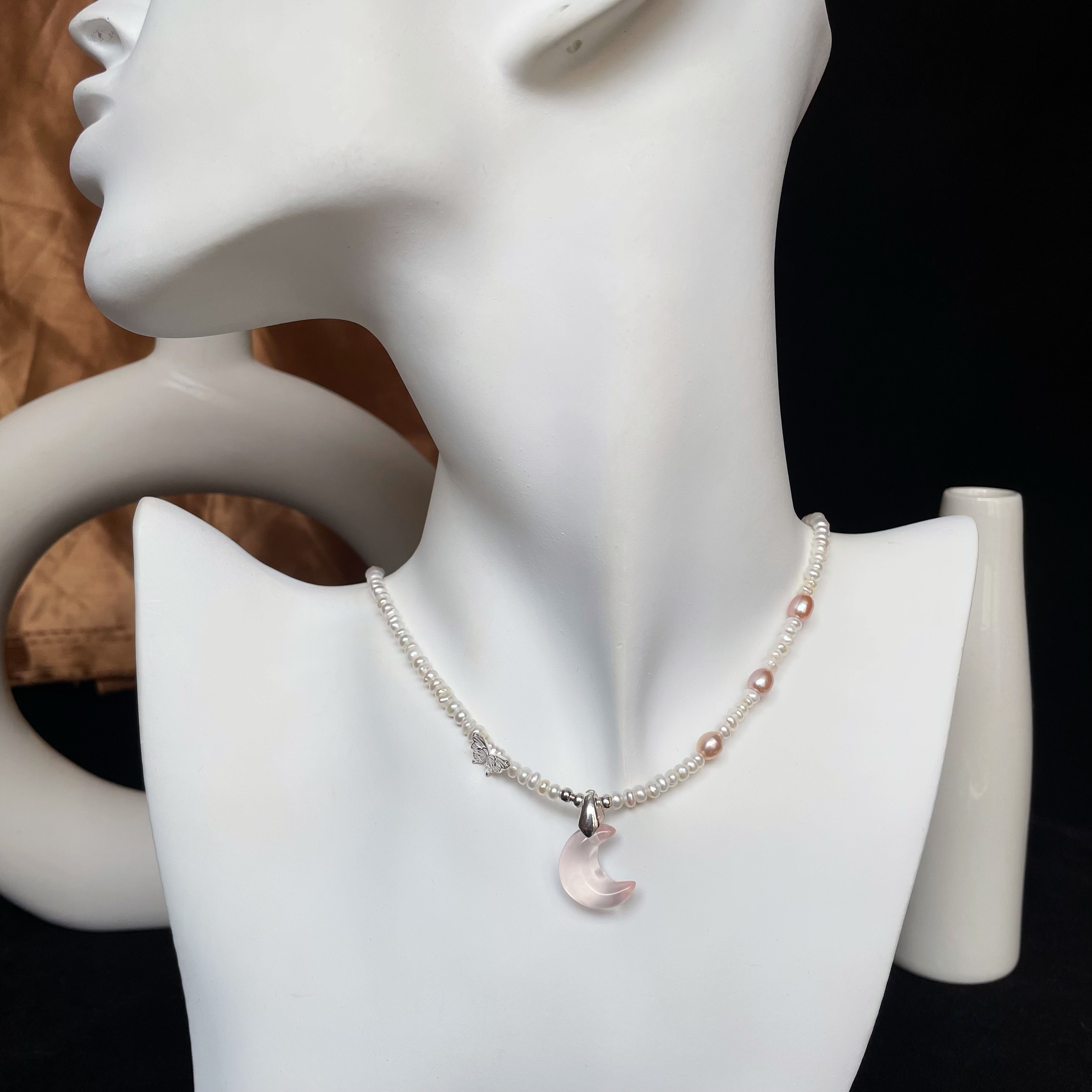 Handmade “Sweetheart” Pearls Short Necklace with Pink Rose Quartz Moon Pendant and Sterling Silver Butterfly