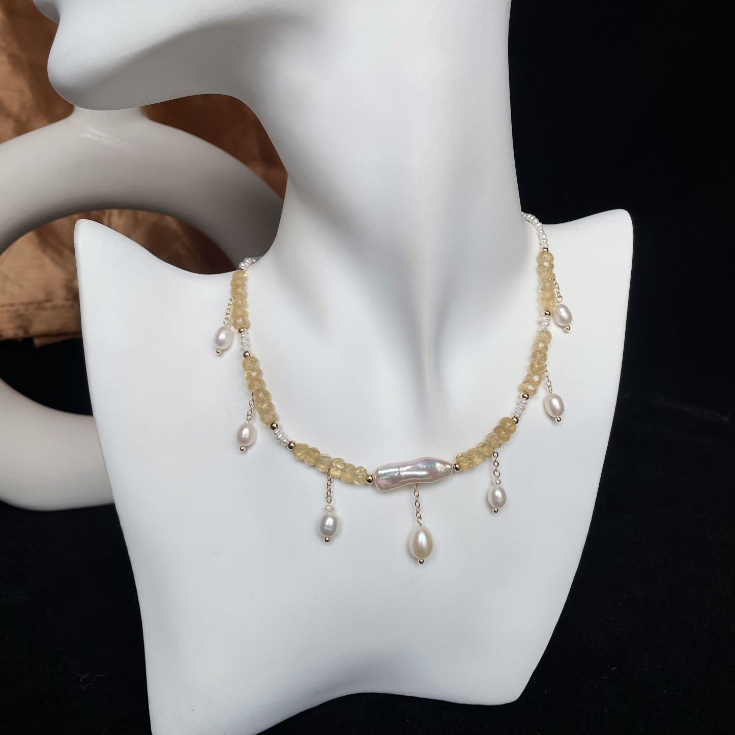 Handmade Dainty Pearl and Hand-Cut Citrine HEISHI Beads Necklace with Baroque Pearl Centre and Pearl Drops