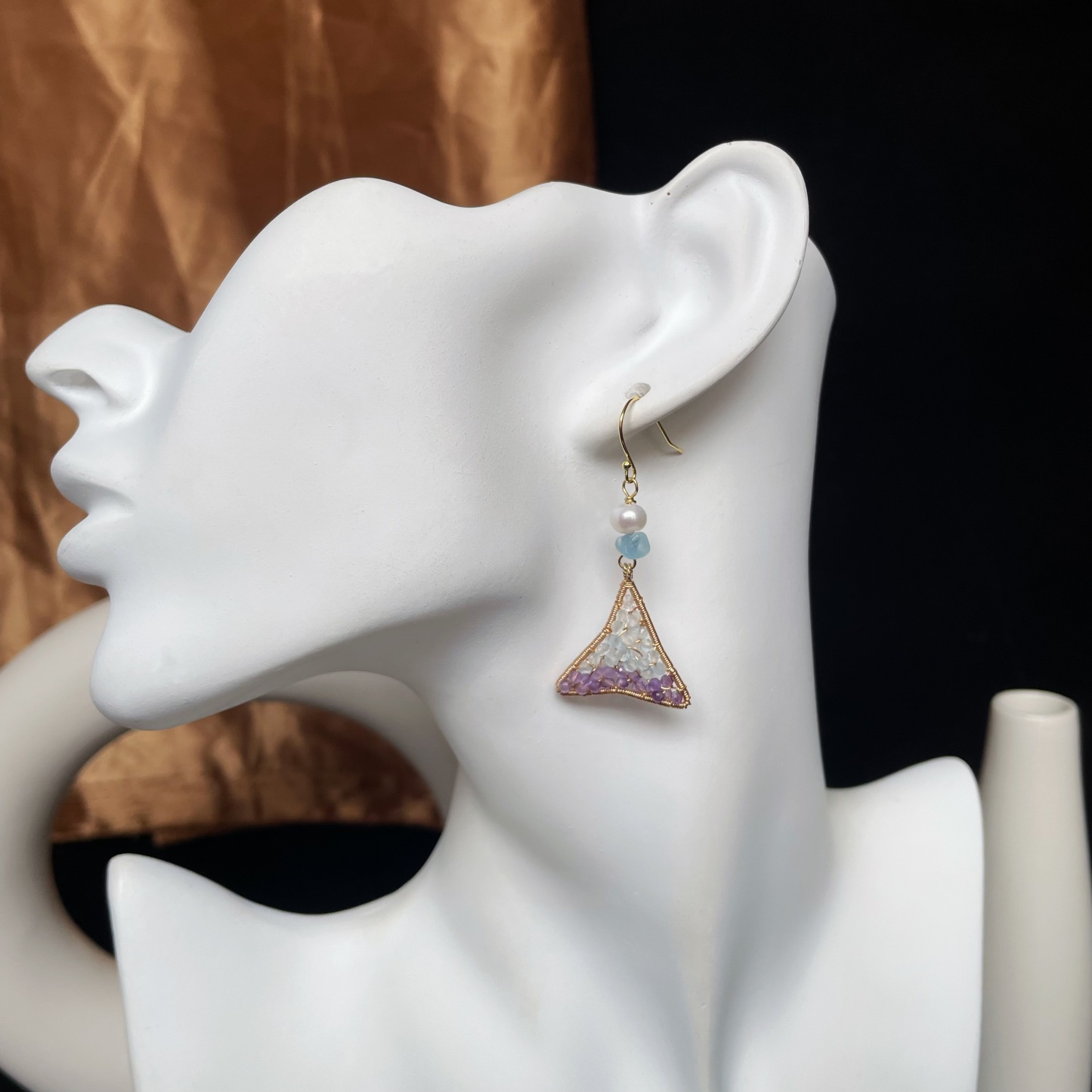 Mermaid’s Tail — Wire Wrapped Fishtail Earrings with Herkimer Diamond, Aquamarine and Amethyst