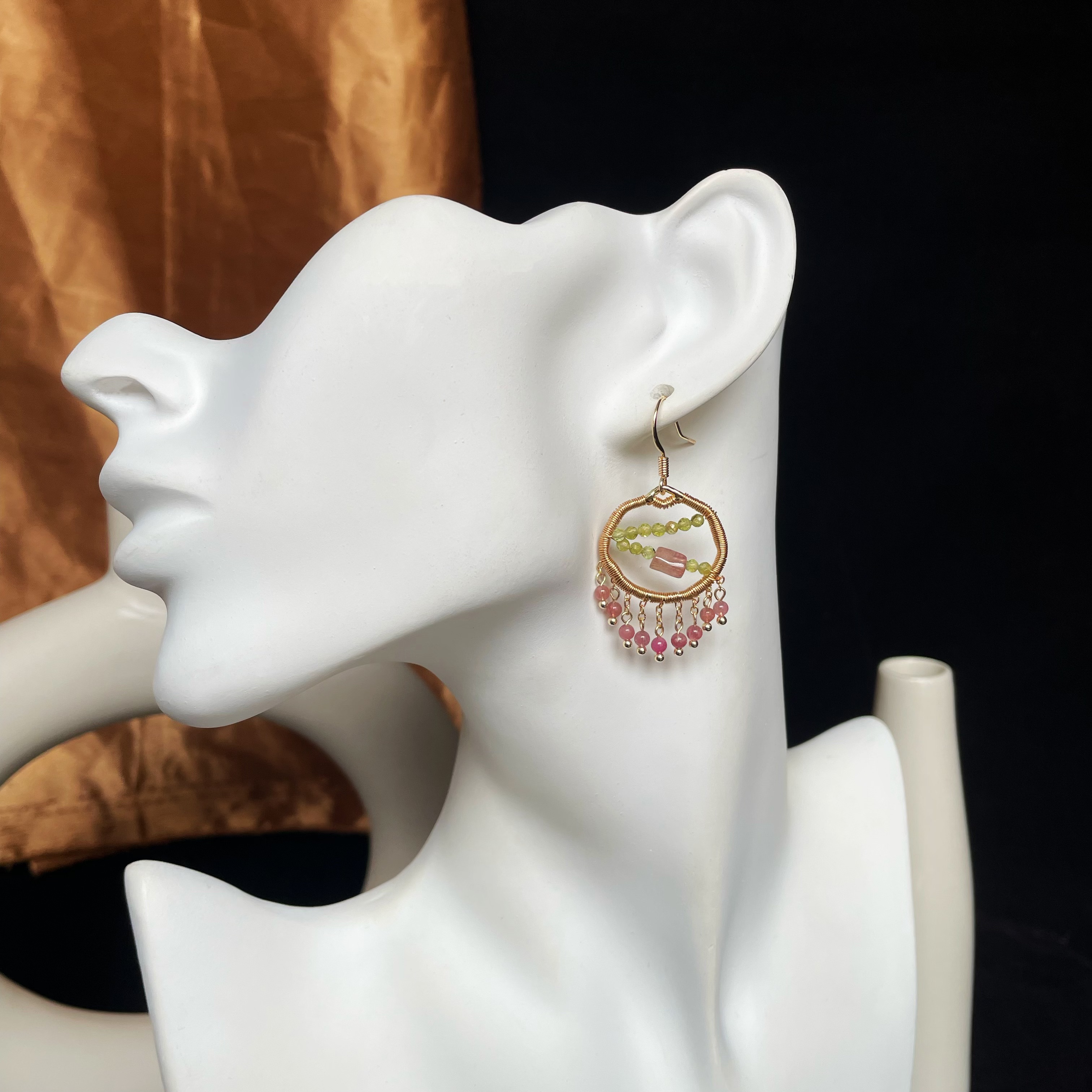 Handmade A Branch of Spring Peridot and Pink Tourmaline Wire Wrapped Earrings