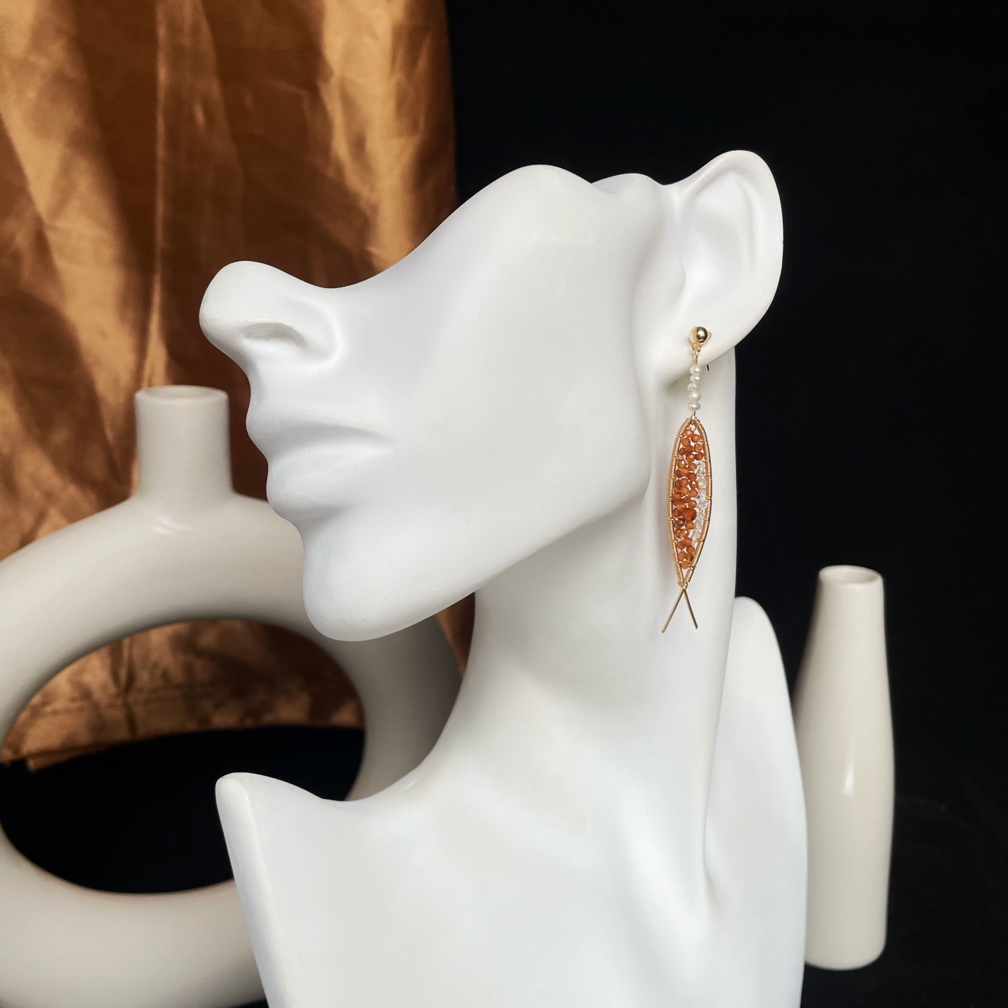 Symbol of Luck Koi Fish Earrings Wire Wrapped Hessonite Garnet and Herkimer Diamond