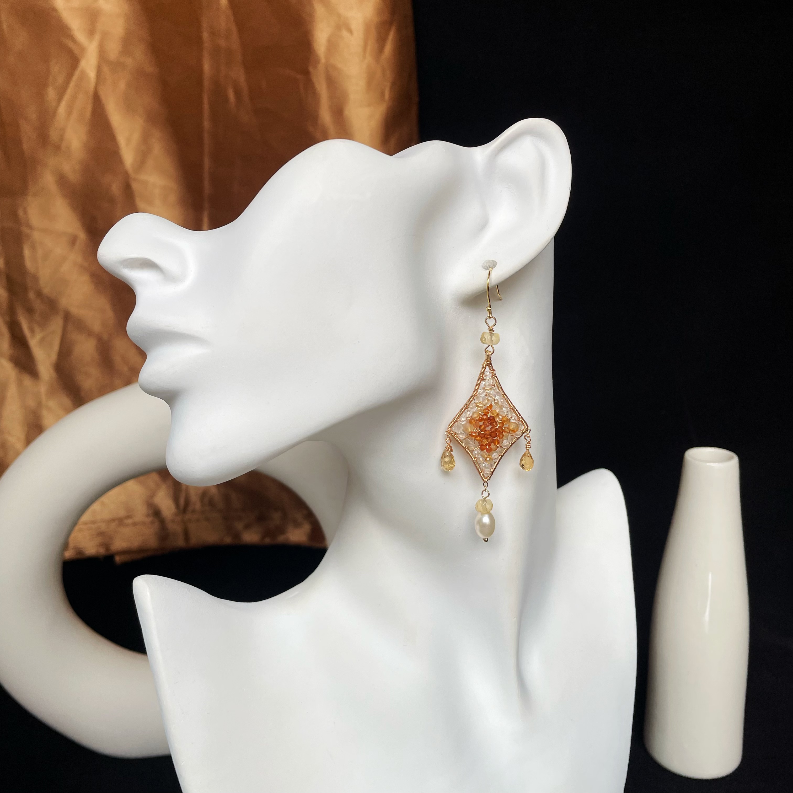 Star of Fire — Handmade Citrine, Carnelian and Hessonite Garnet Wire-Wrapped Earrings