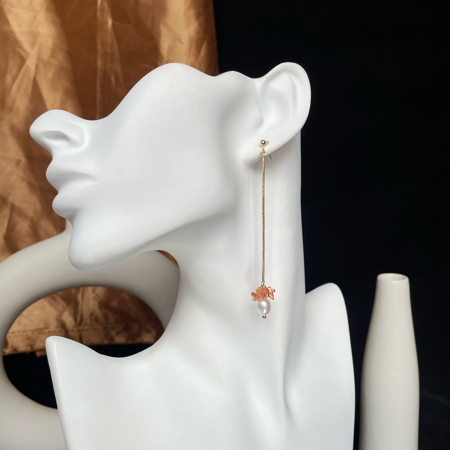 “Love Letter from the Sunset to the Sea” Handmade Gold Sunstone and Freshwater Pearl Long Earrings 