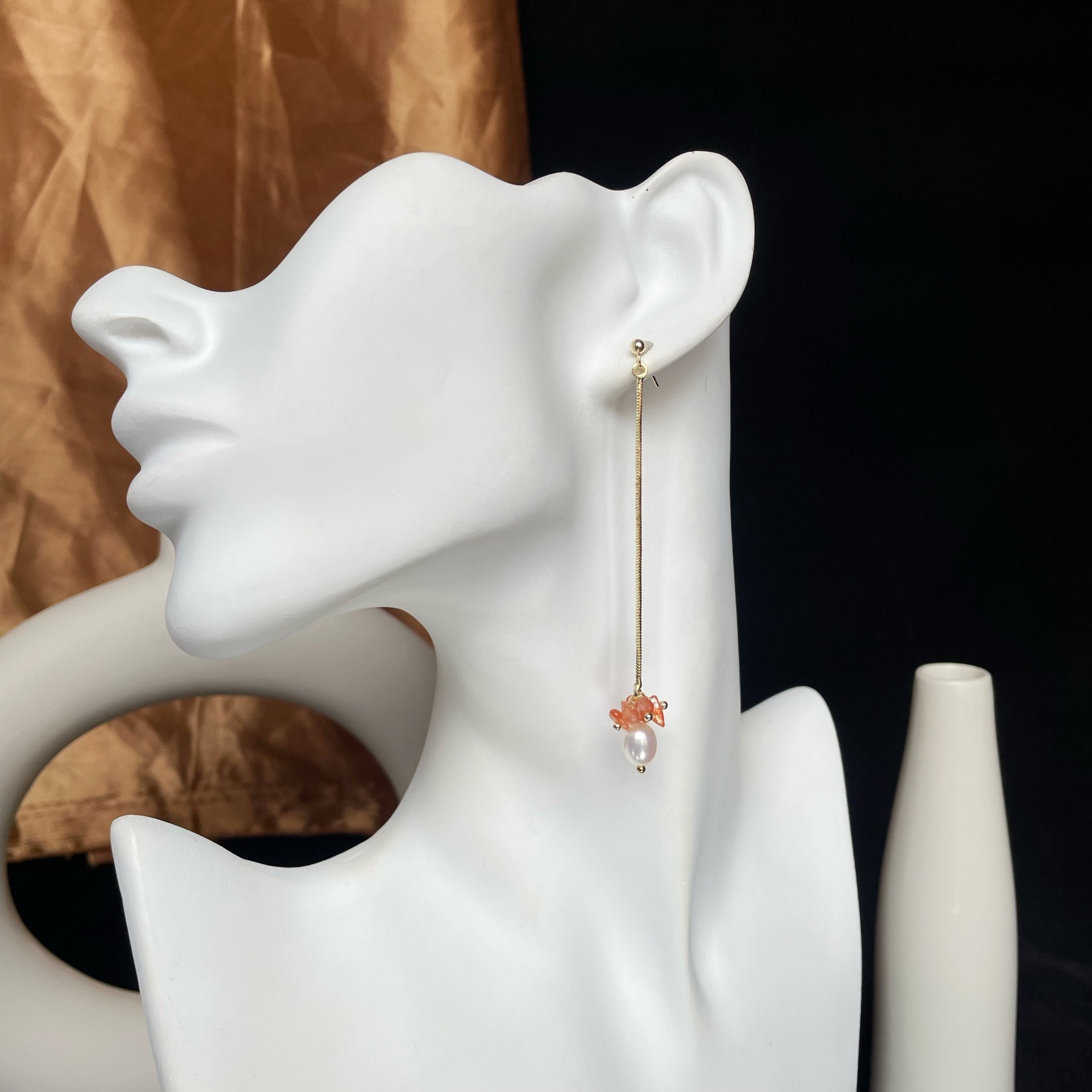 “Love Letter from the Sunset to the Sea” Handmade Gold Sunstone and Freshwater Pearl Long Earrings 