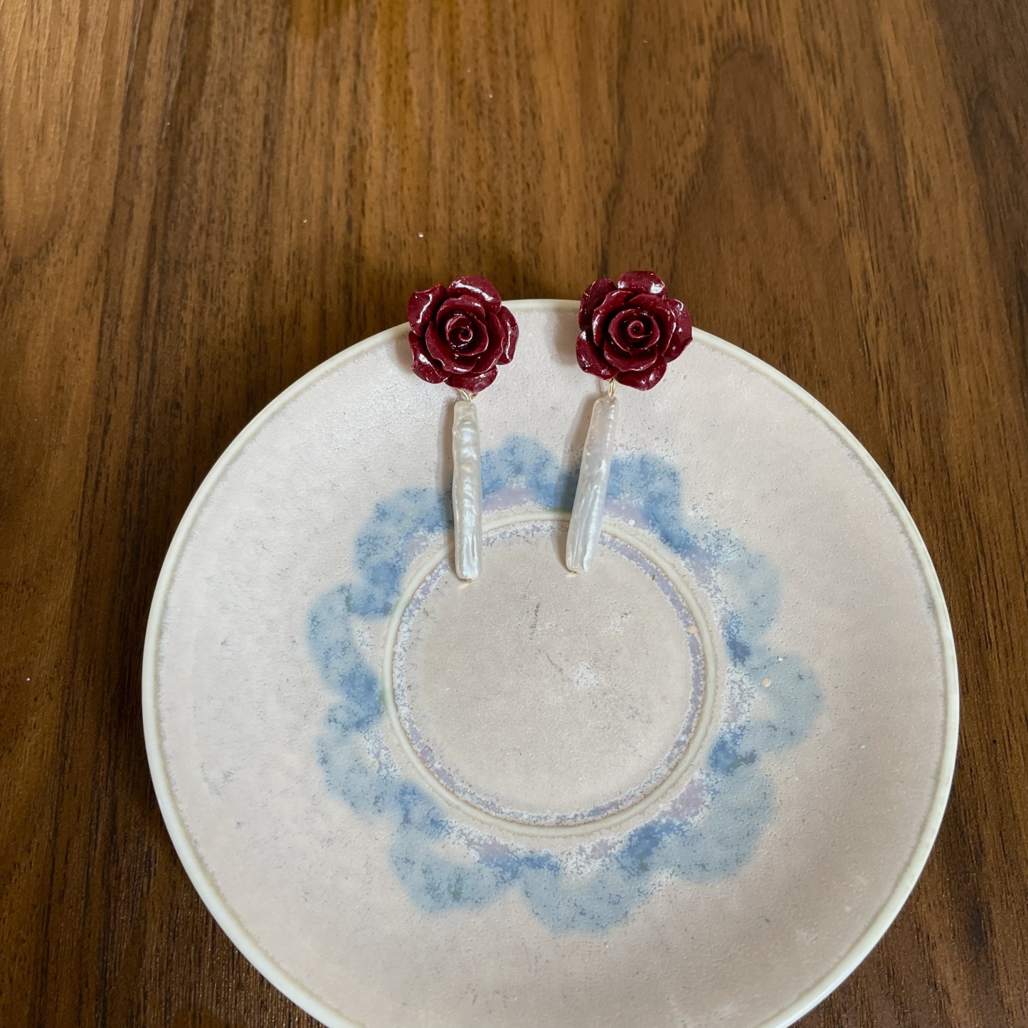 Handmade Red Cinnabar Rose Earrings with Baroque Pearl Vintage Inspired Statement Earrings