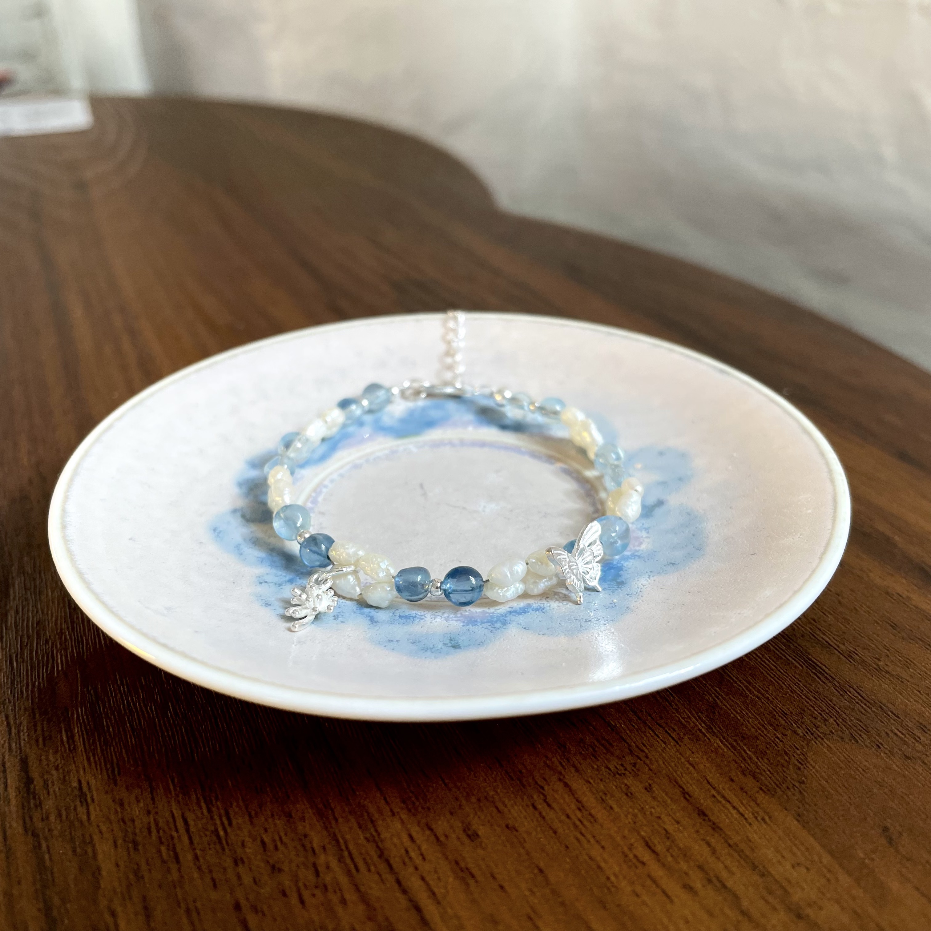 Handmade Aquamarine and Keshi Pearl Sterling Silver Bracelet with Butterfly and Firework Charms