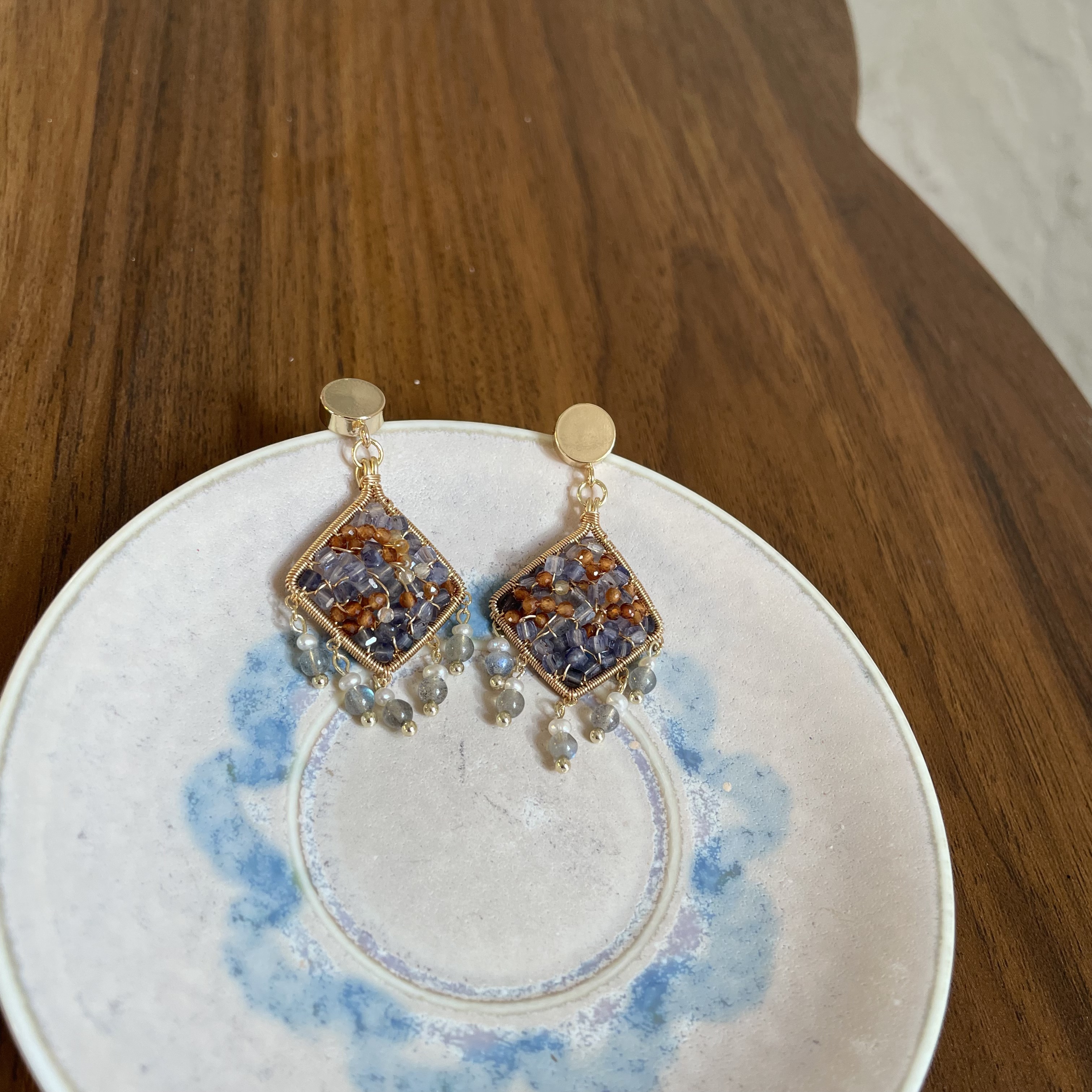 Sunset at Sayram Lake Handmade Iolite and Hessonite Garnet Wire Wrapped Earrings with Labradorite and Pearl Tassels