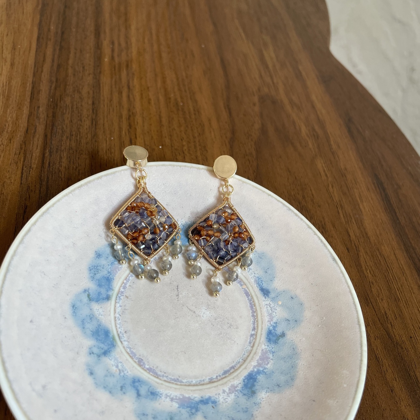 Sunset at Sayram Lake Handmade Iolite and Hessonite Garnet Wire Wrapped Earrings with Labradorite and Pearl Tassels