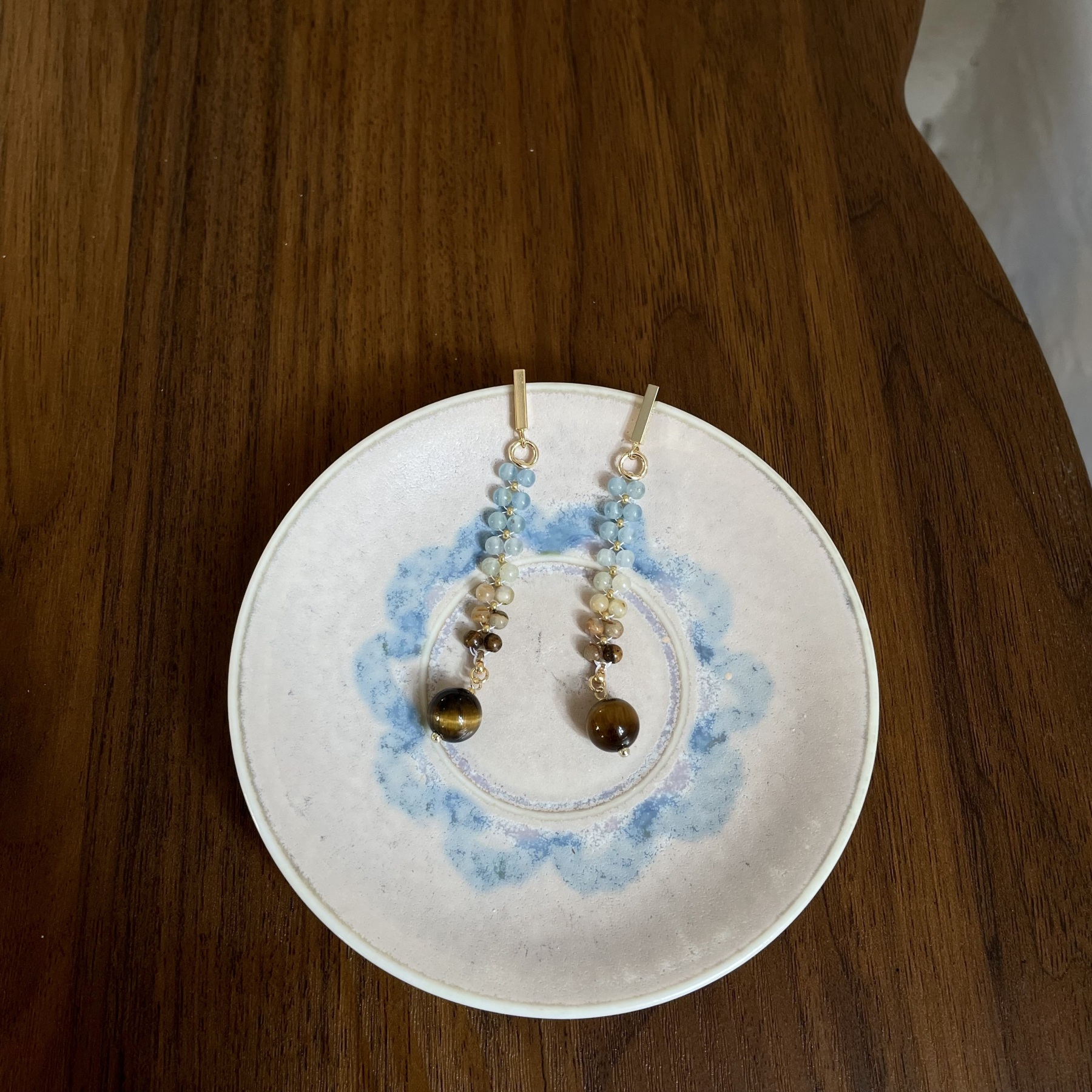 Handmade Minimalist Boho Blue Calcite Gradient Earrings with Tiger’s Eye Drop