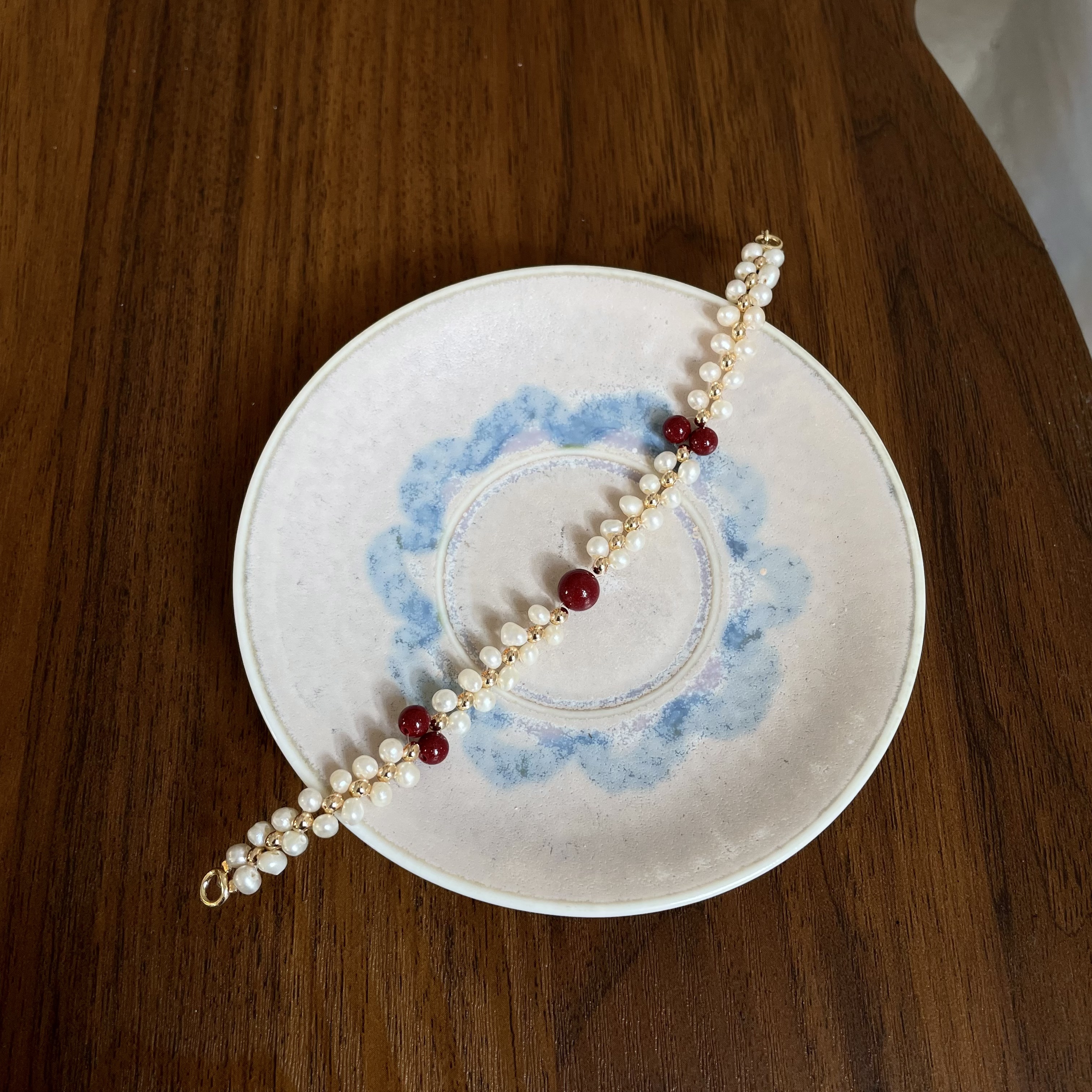 Handmade Cinnabar and Freshwater Pearl Woven Lucky Charm Bracelet