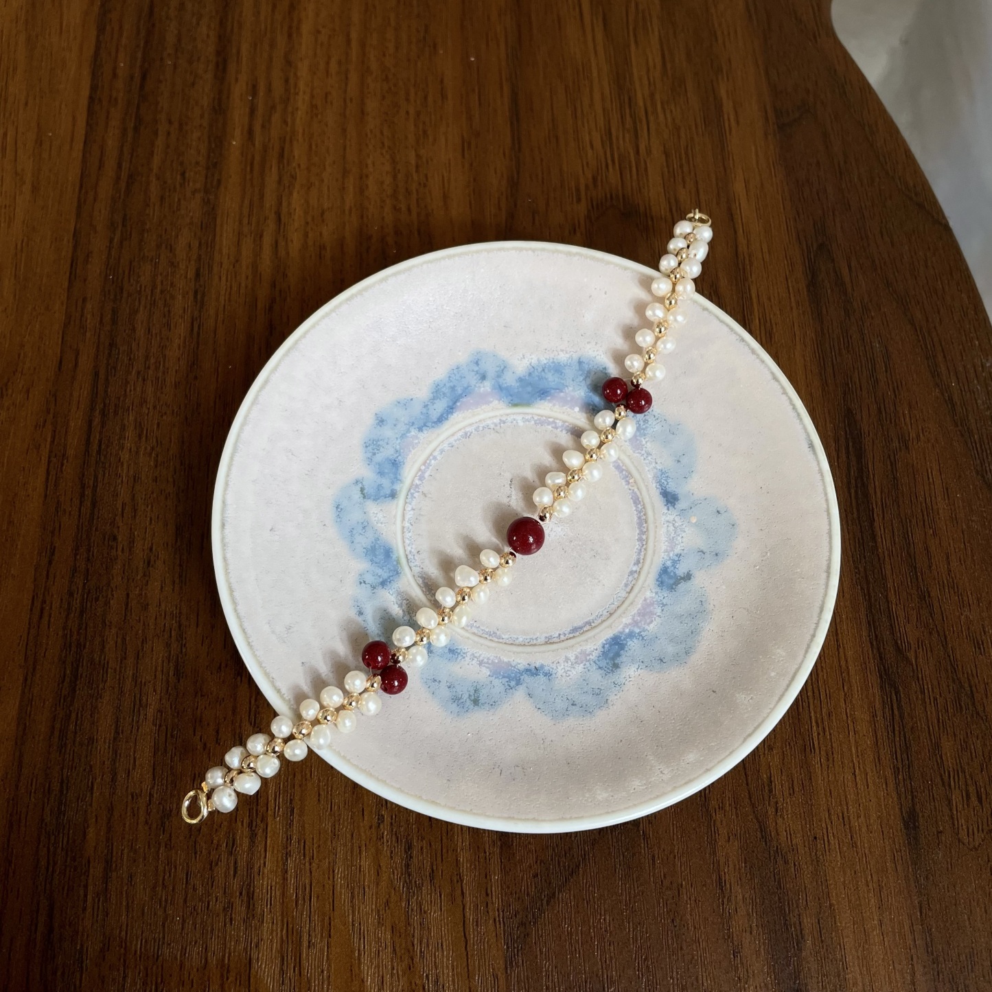 Handmade Cinnabar and Freshwater Pearl Woven Lucky Charm Bracelet