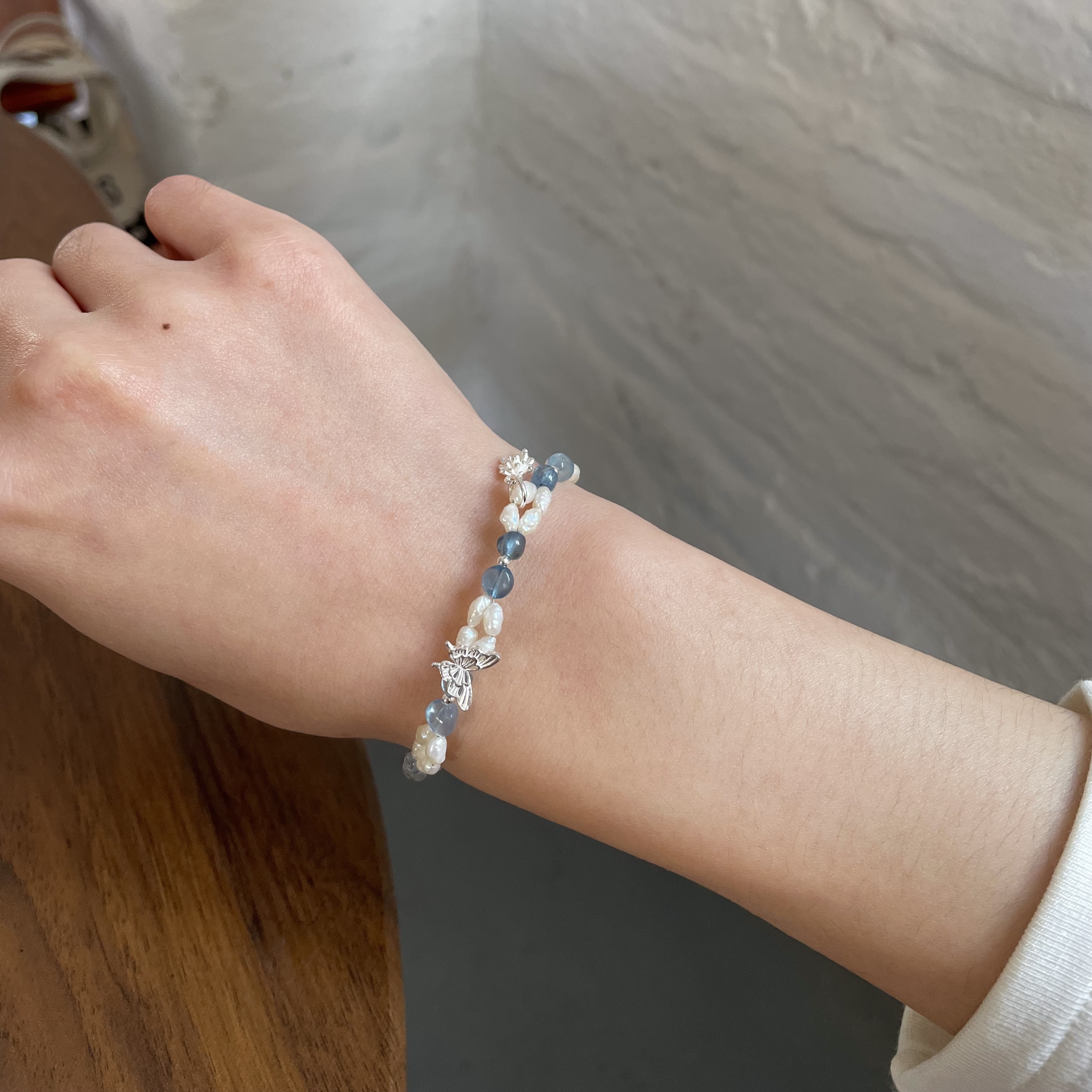 Handmade Aquamarine and Keshi Pearl Sterling Silver Bracelet with Butterfly and Firework Charms