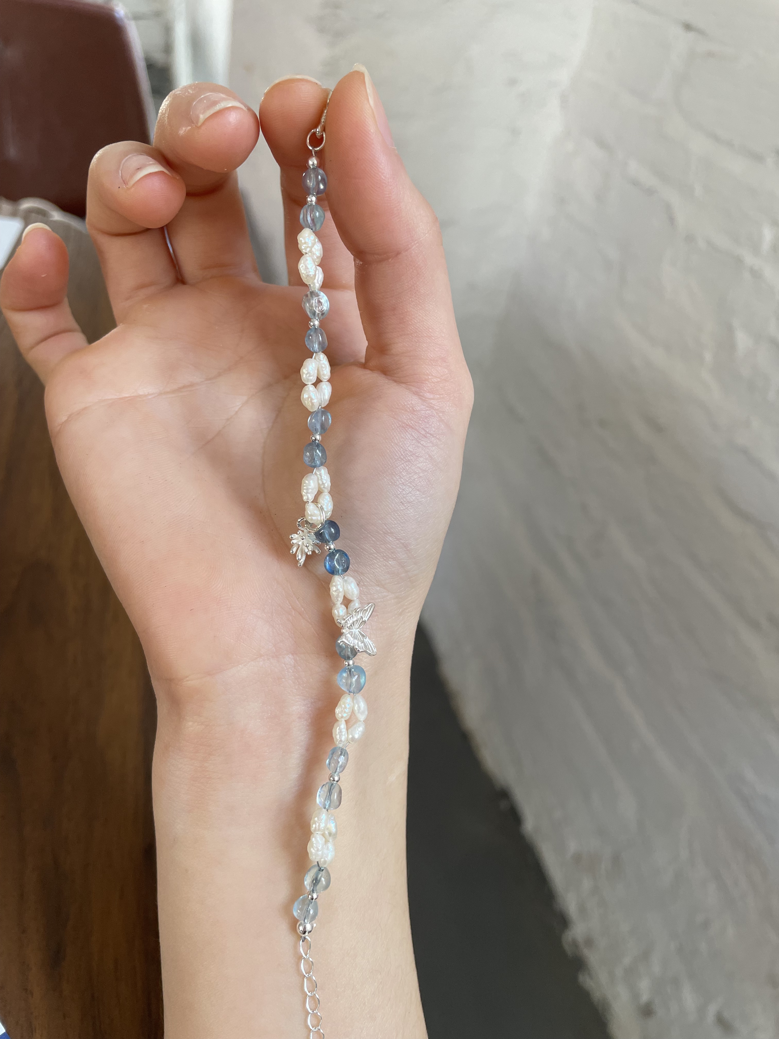 Handmade Aquamarine and Keshi Pearl Sterling Silver Bracelet with Butterfly and Firework Charms