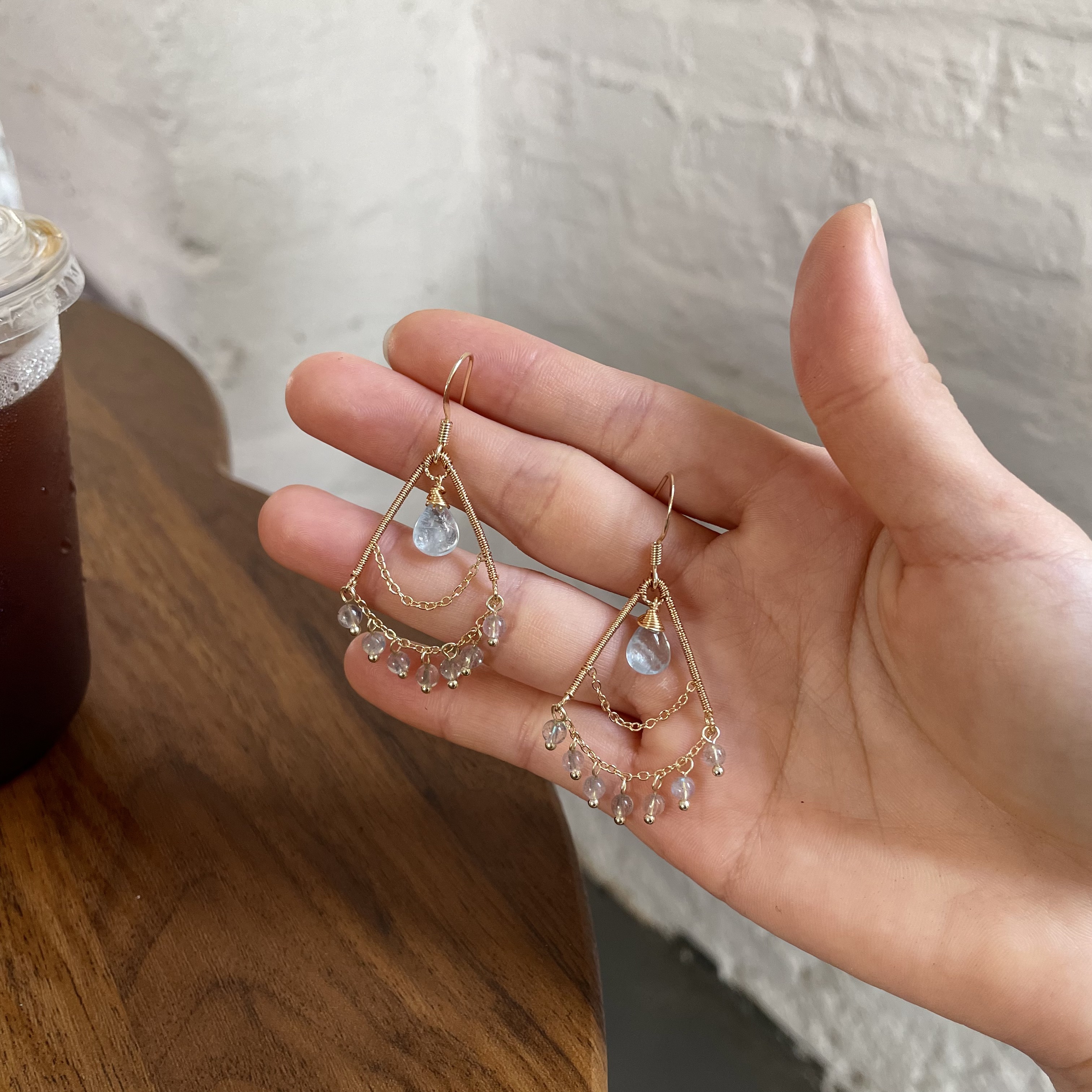 Handmade Wire Wrapped Aquamarine Teardrop with Labradorite tassel Earrings Boho Statement Earrings