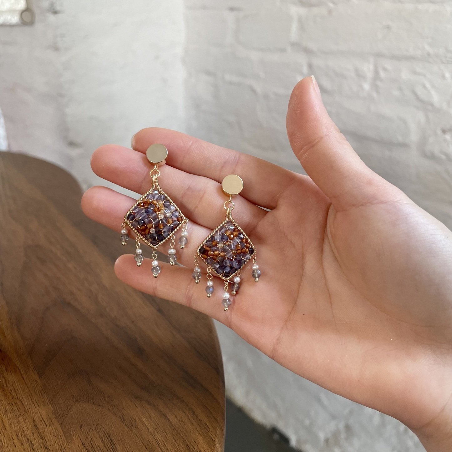 Sunset at Sayram Lake Handmade Iolite and Hessonite Garnet Wire Wrapped Earrings with Labradorite and Pearl Tassels