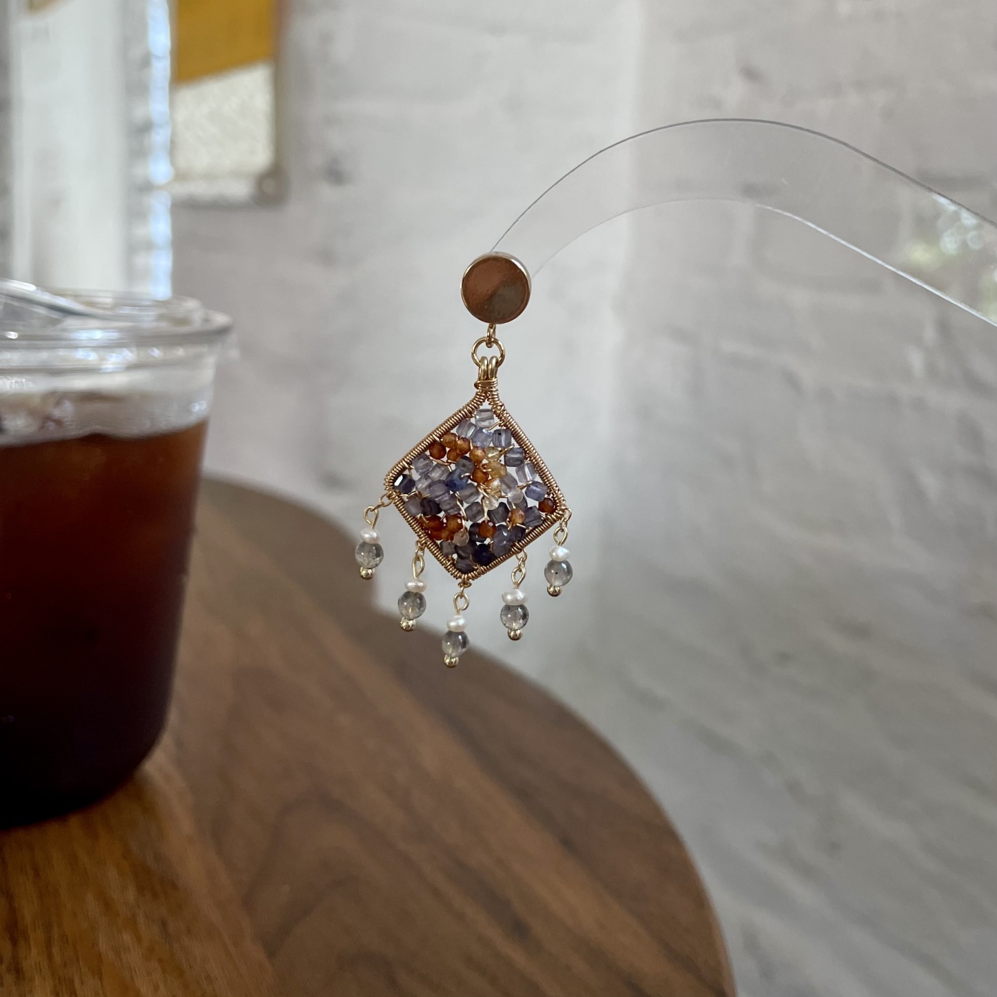 Sunset at Sayram Lake Handmade Iolite and Hessonite Garnet Wire Wrapped Earrings with Labradorite and Pearl Tassels