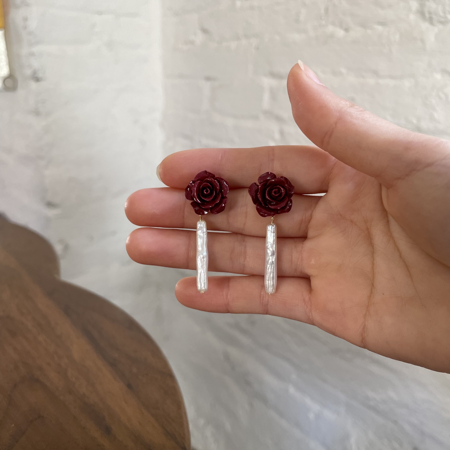 Handmade Red Cinnabar Rose Earrings with Baroque Pearl Vintage Inspired Statement Earrings