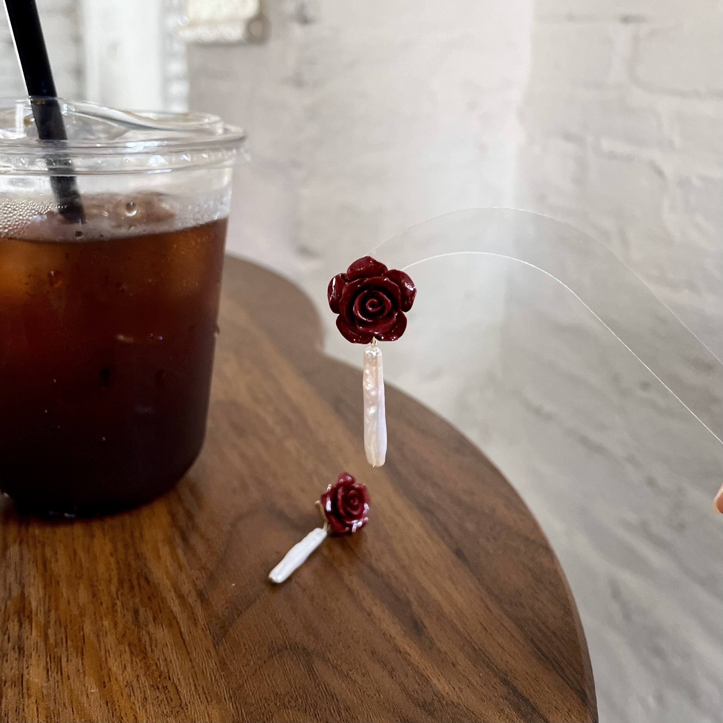 Handmade Red Cinnabar Rose Earrings with Baroque Pearl Vintage Inspired Statement Earrings