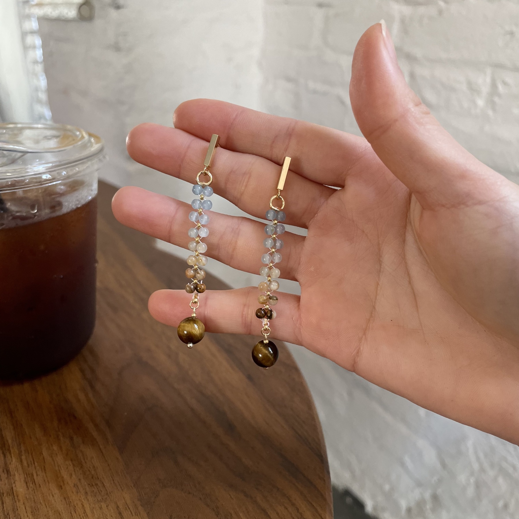 Handmade Minimalist Boho Blue Calcite Gradient Earrings with Tiger’s Eye Drop