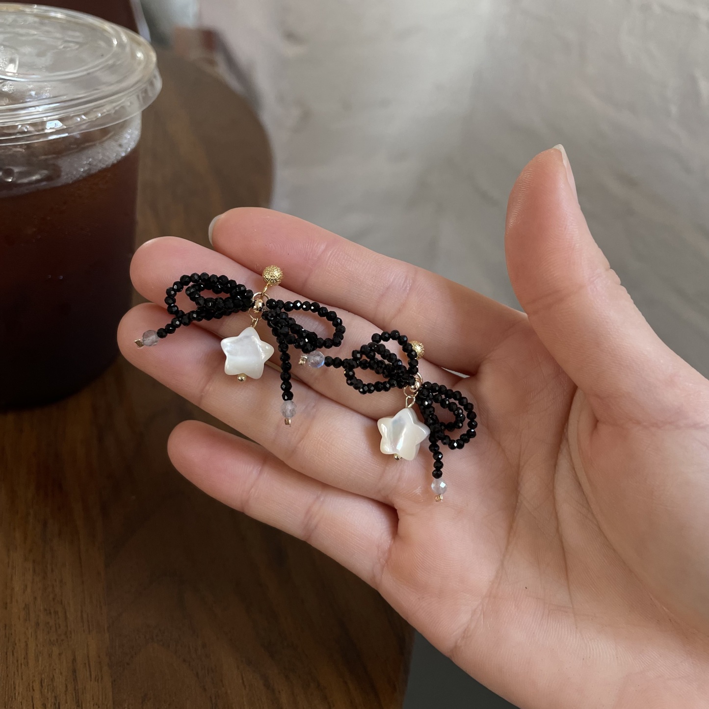 Black Spinel Bow Earrings with Shell Star Dainty Statement Bow Studs