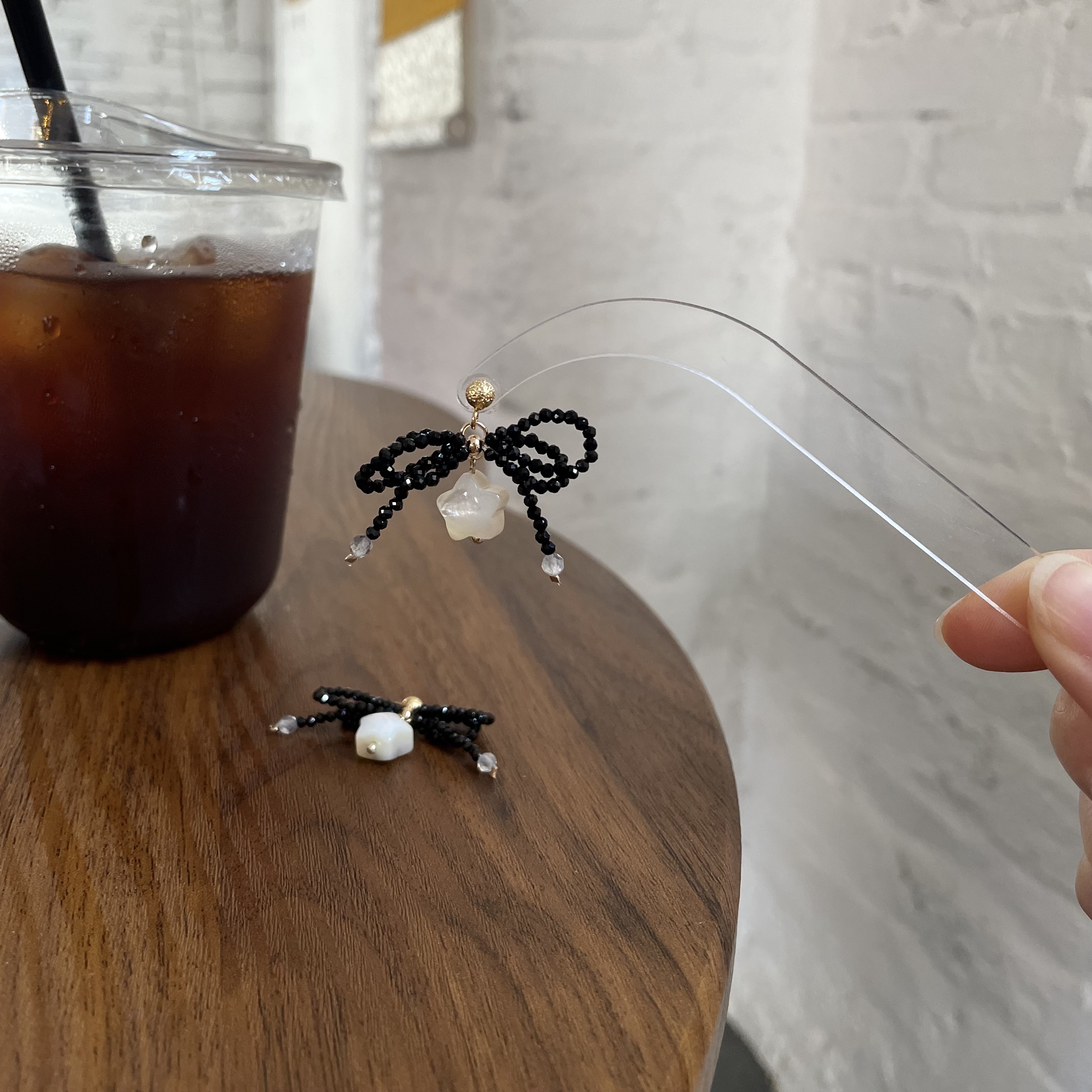 Black Spinel Bow Earrings with Shell Star Dainty Statement Bow Studs