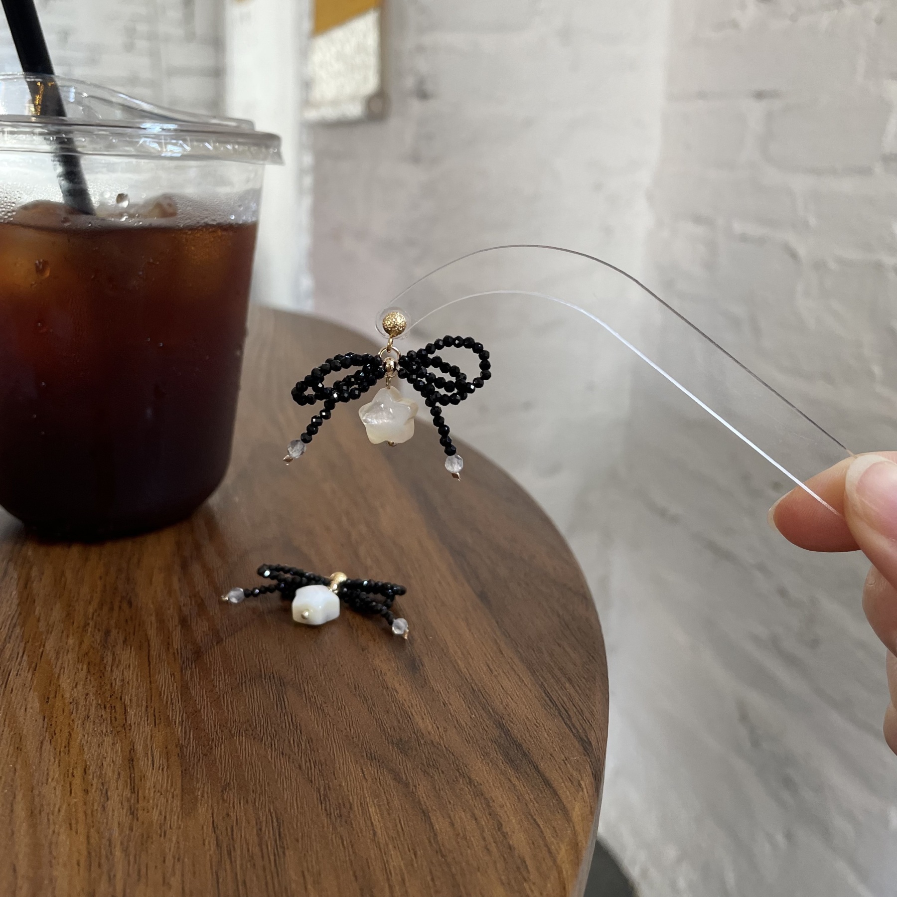 Black Spinel Bow Earrings with Shell Star Dainty Statement Bow Studs