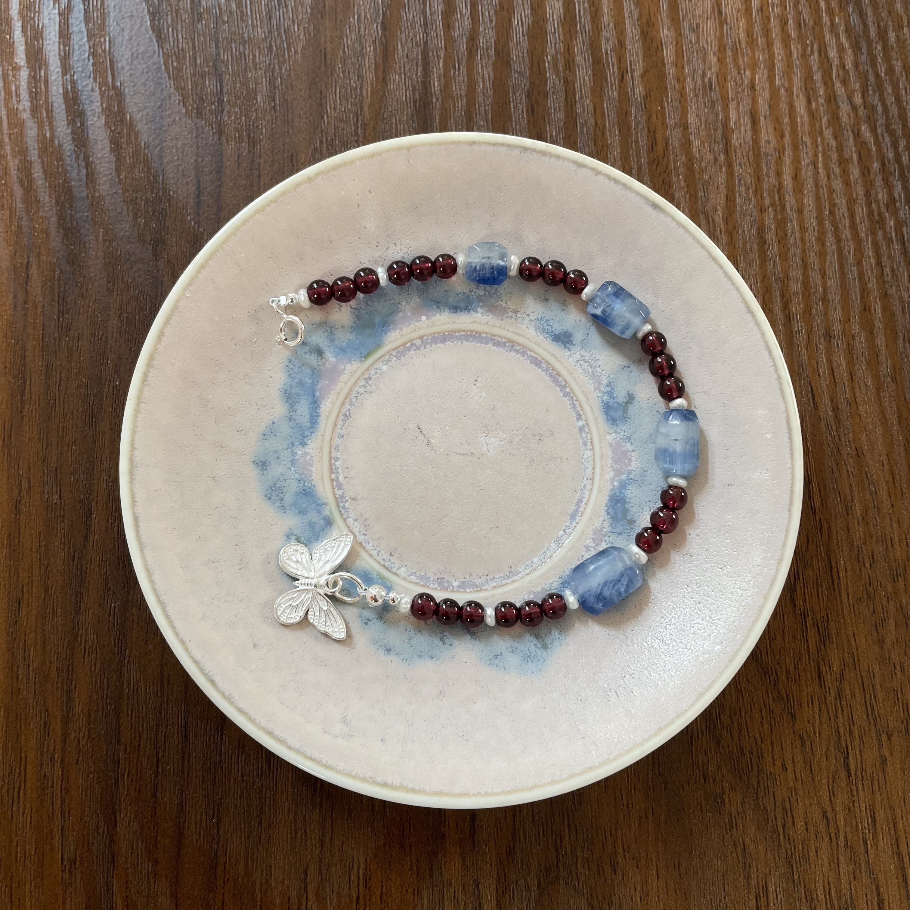 Handmade Garnet and Kyanite Bracelet with Sterling Silver Butterfly Charm