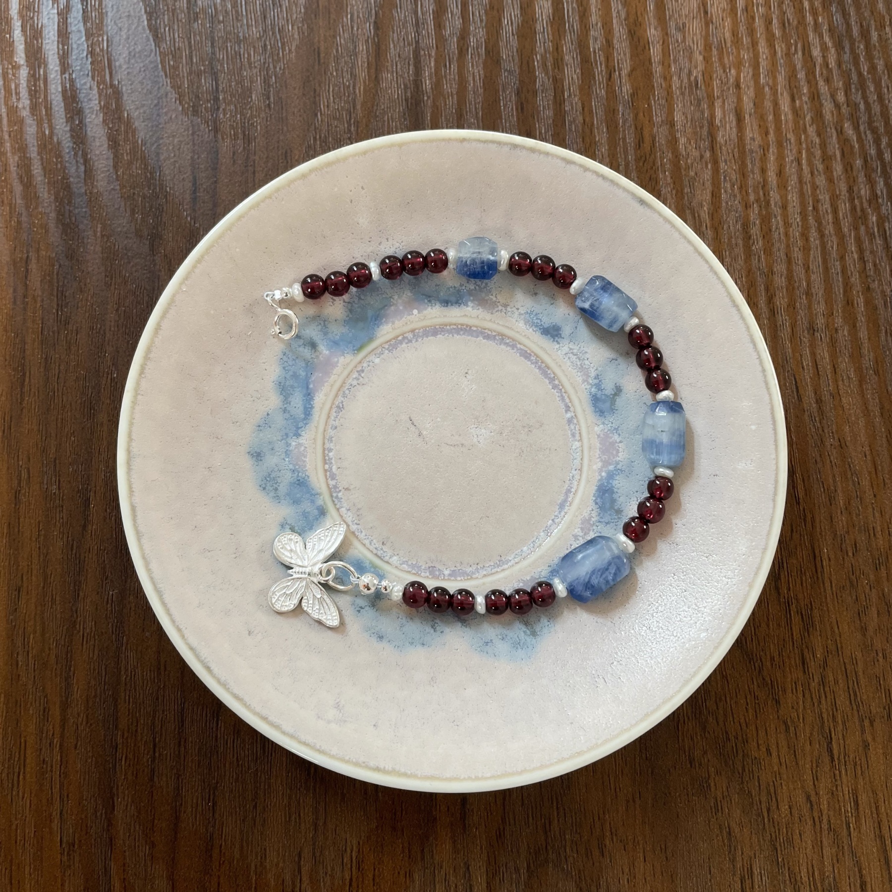 Handmade Garnet and Kyanite Bracelet with Sterling Silver Butterfly Charm