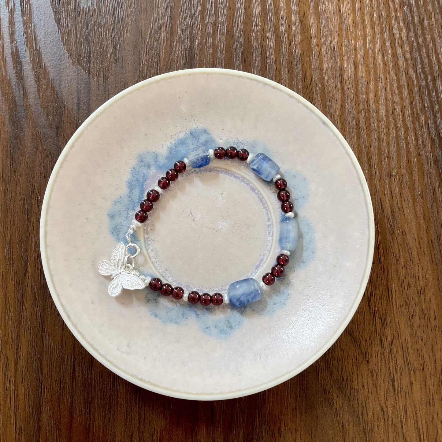 Handmade Garnet and Kyanite Bracelet with Sterling Silver Butterfly Charm