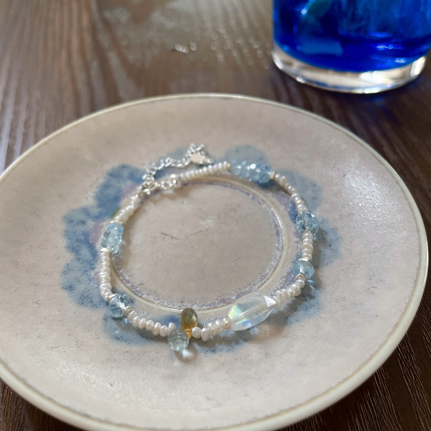 One of Kind Handmade Aquamarine, Pearl and Sterling Silver Bracelet with Madagascar Moonstone Centre