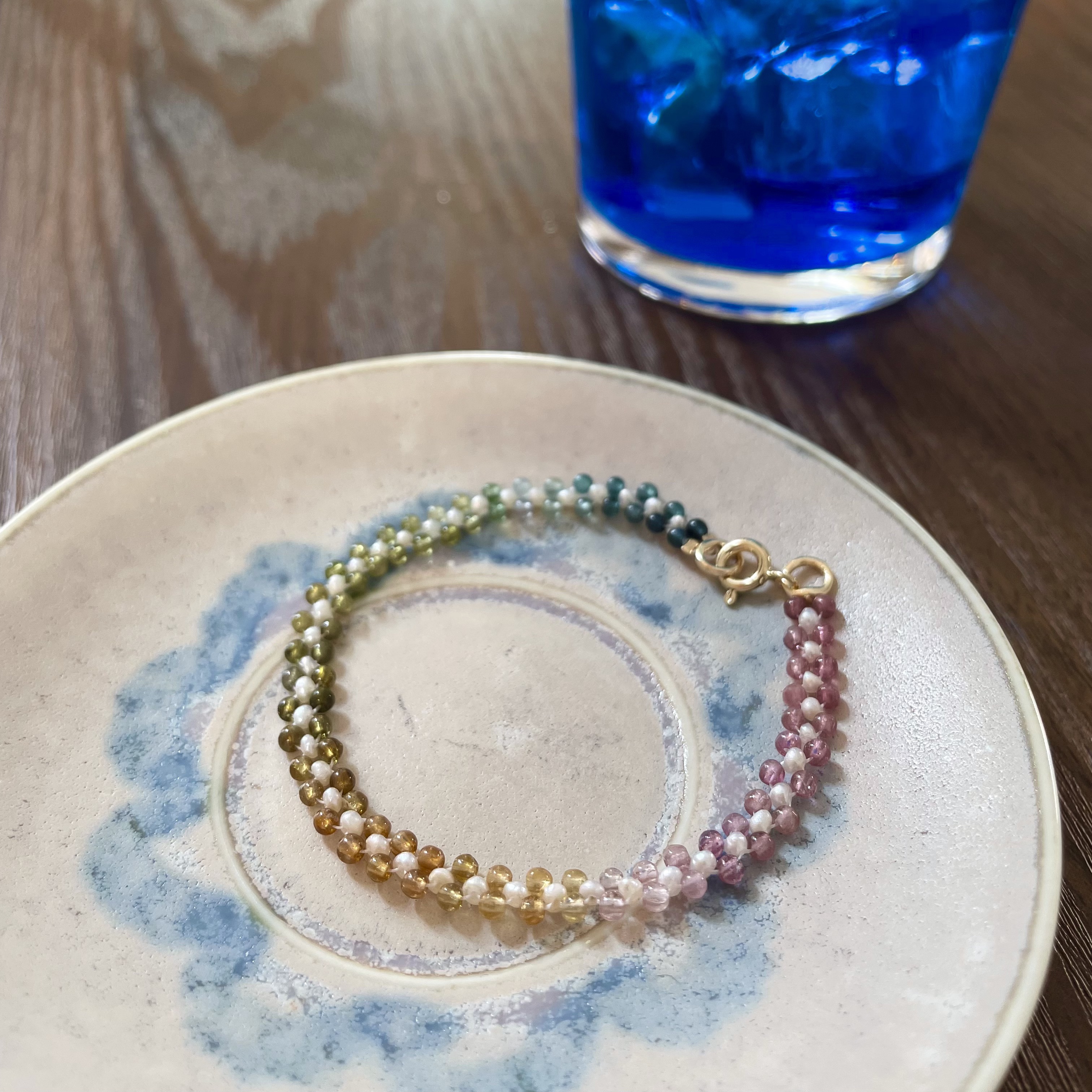 Handmade Dainty Colorful Multi Tourmaline and Freshwater Pearl Woven Layering Bracelet 