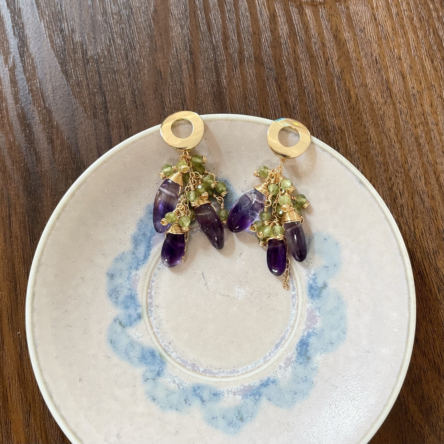 Handmade Amethyst Fang and Peridot Cluster Statement Earrings