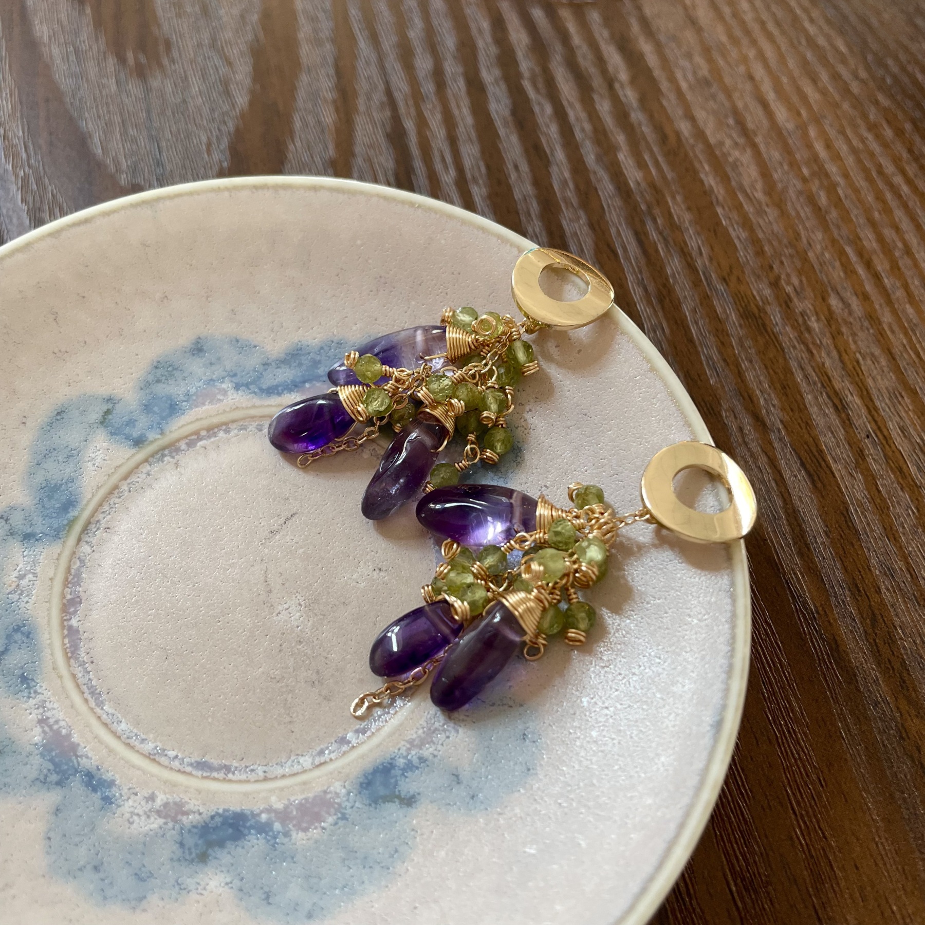 Handmade Amethyst Fang and Peridot Cluster Statement Earrings