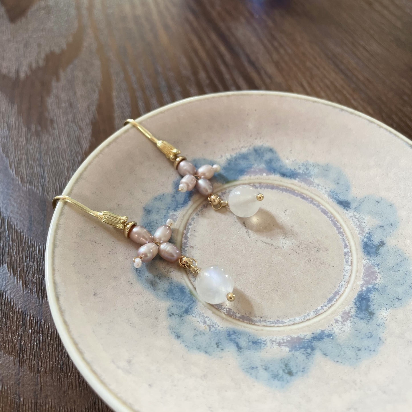 Handmade Lavender Freshwater Pearl Cross Flower with Blue Moonstone Drop Earrings