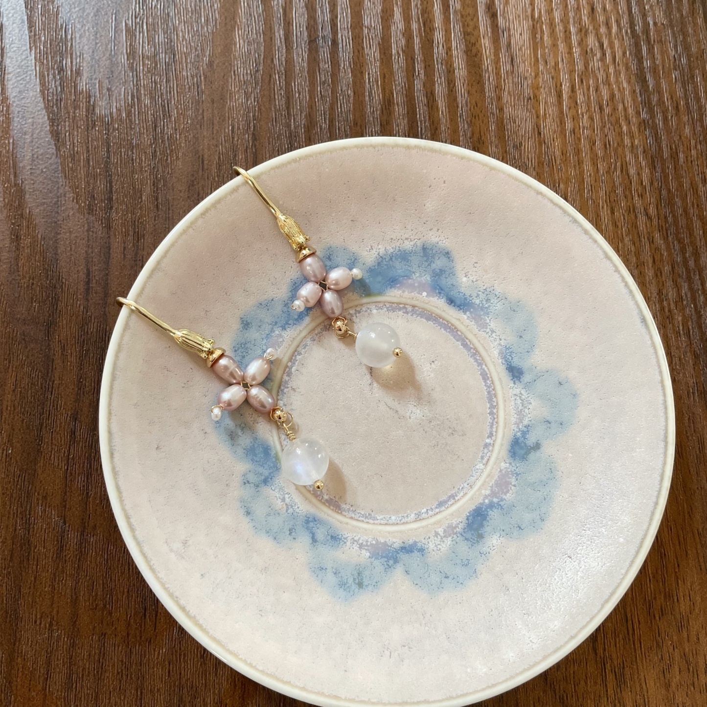 Handmade Lavender Freshwater Pearl Cross Flower with Blue Moonstone Drop Earrings