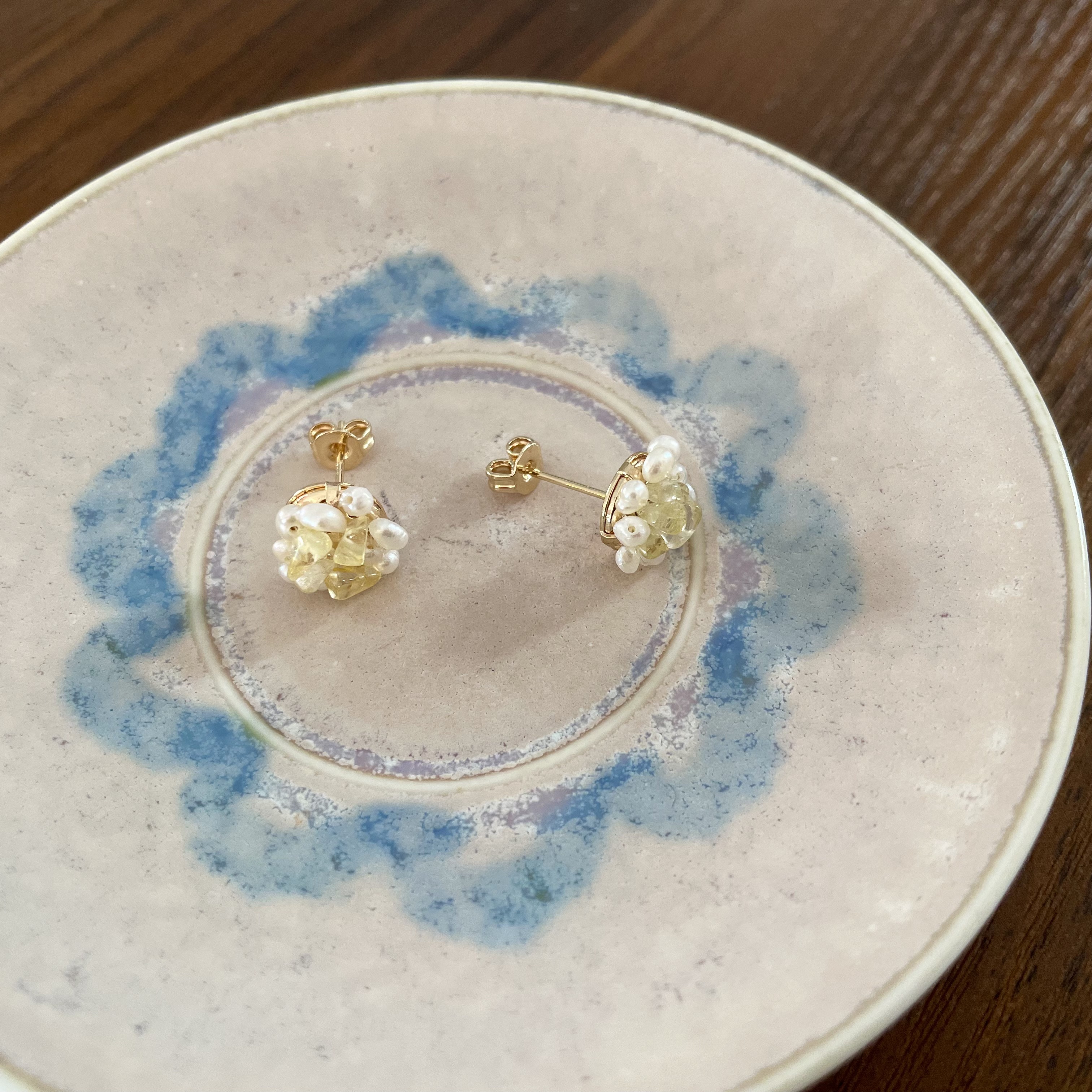 Handmade Citrine and Pearl Cluster Flower Stud Earrings