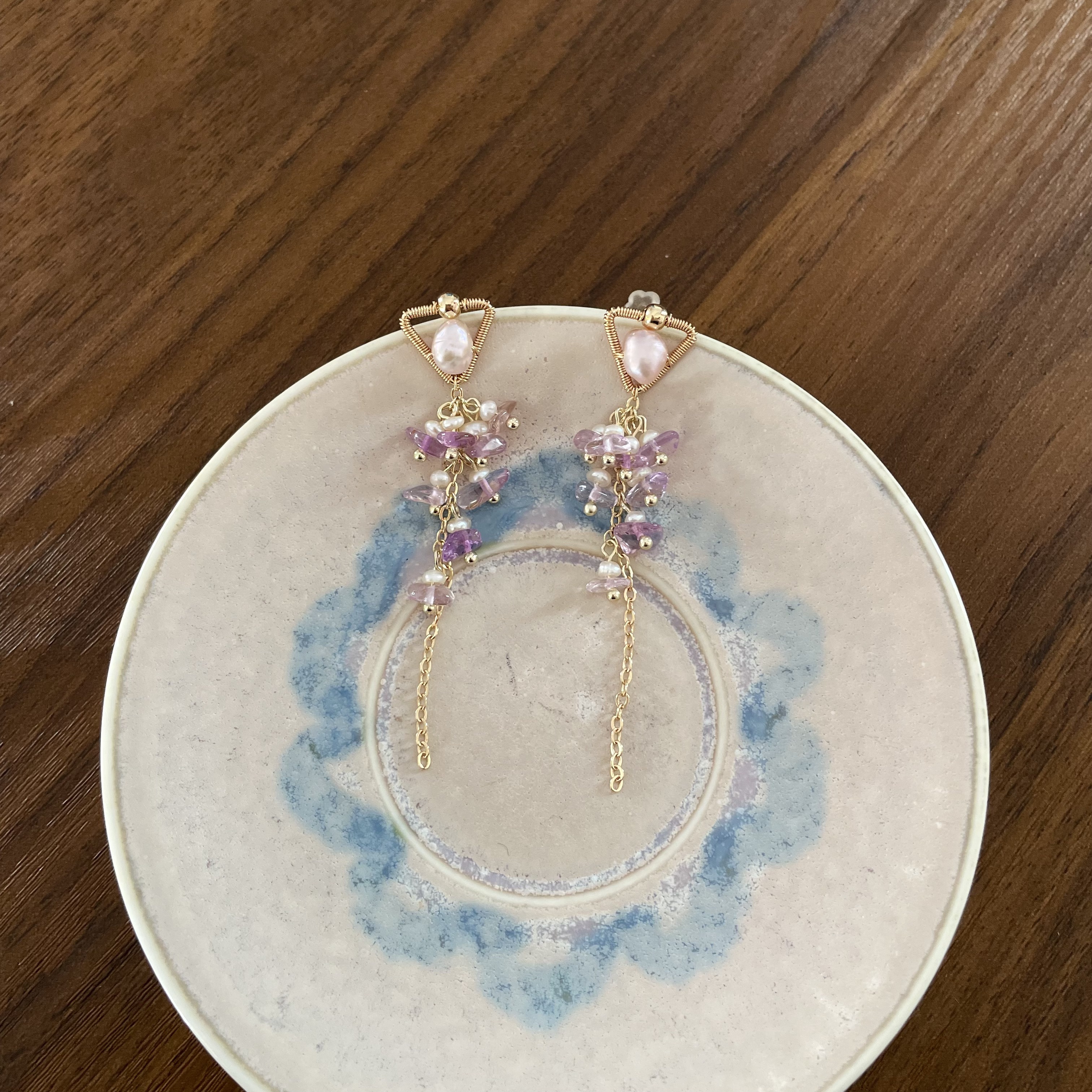 Handmade Lavender Pearl Set in Triangle Earrings with Amethyst and Pearls Fringe