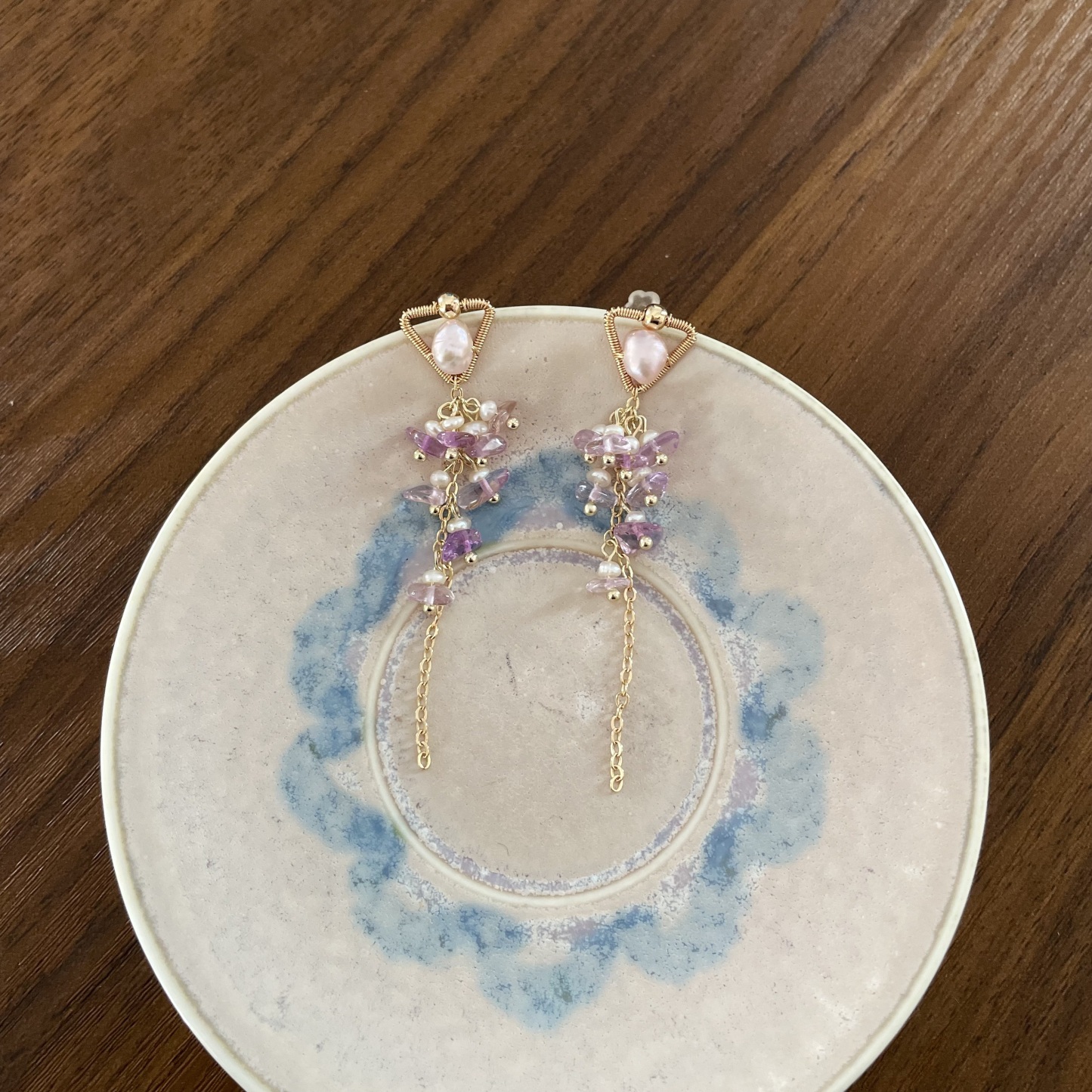 Handmade Lavender Pearl Set in Triangle Earrings with Amethyst and Pearls Fringe